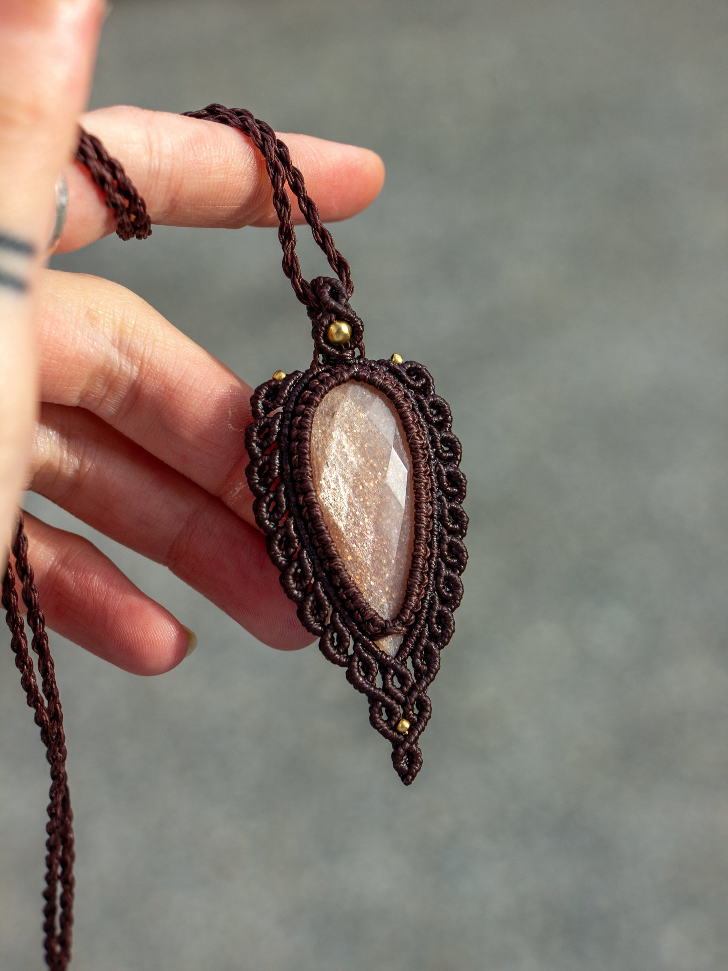 rose cut Peach Moonstone macrame necklace