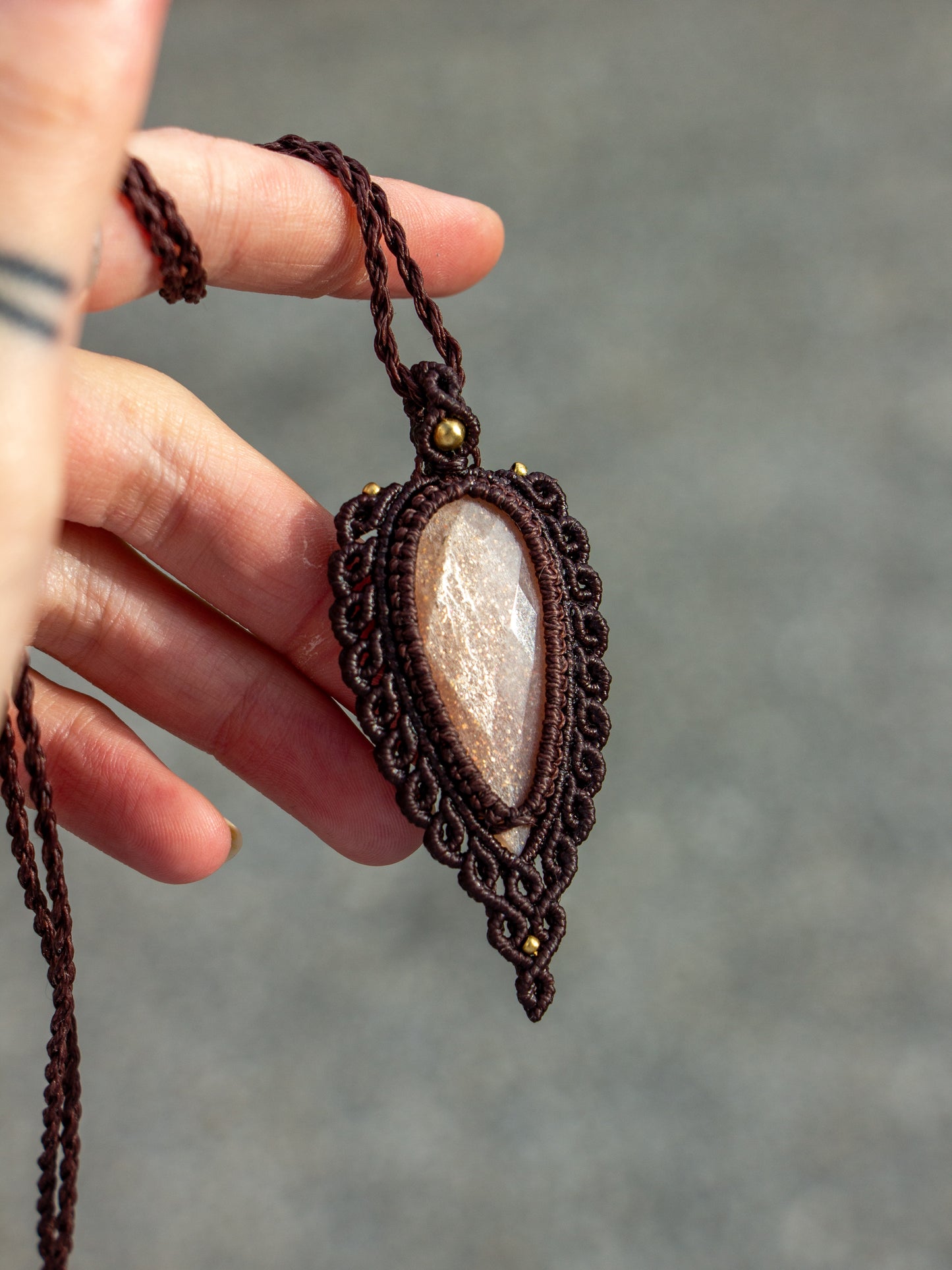 rose cut Peach Moonstone macrame necklace