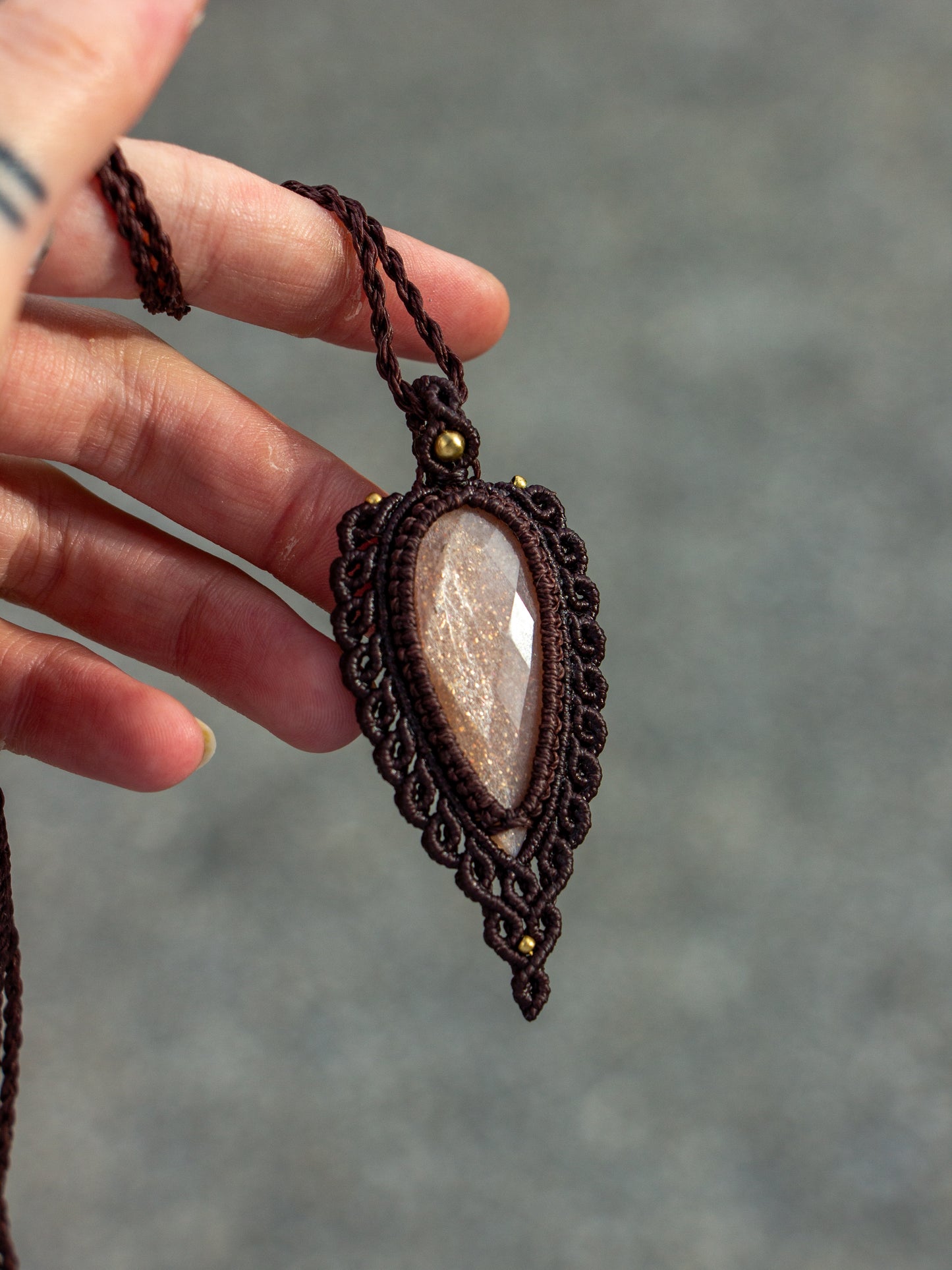 rose cut Peach Moonstone macrame necklace