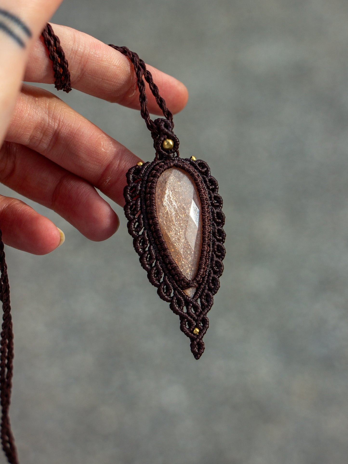 rose cut Peach Moonstone macrame necklace
