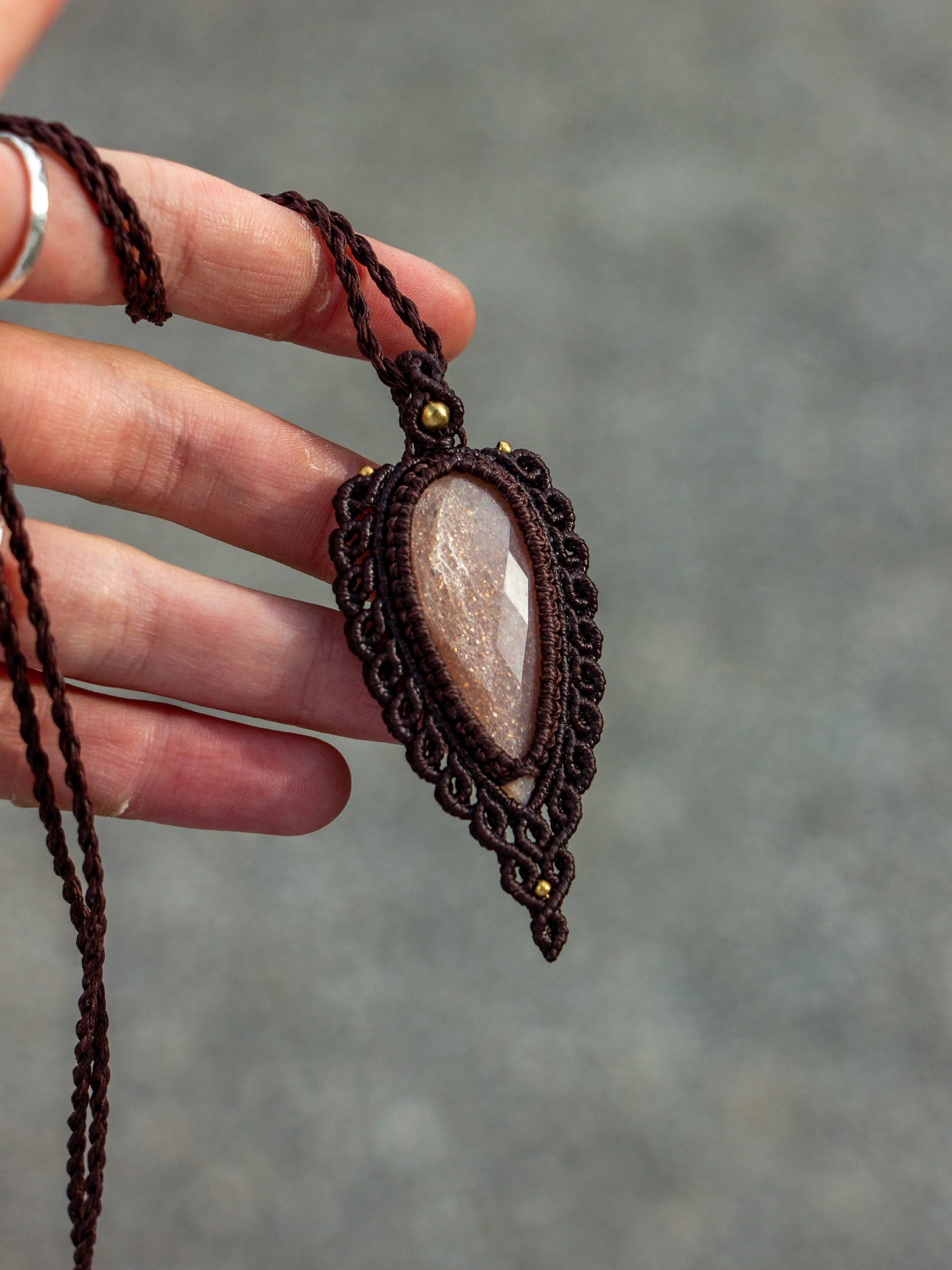 rose cut Peach Moonstone macrame necklace