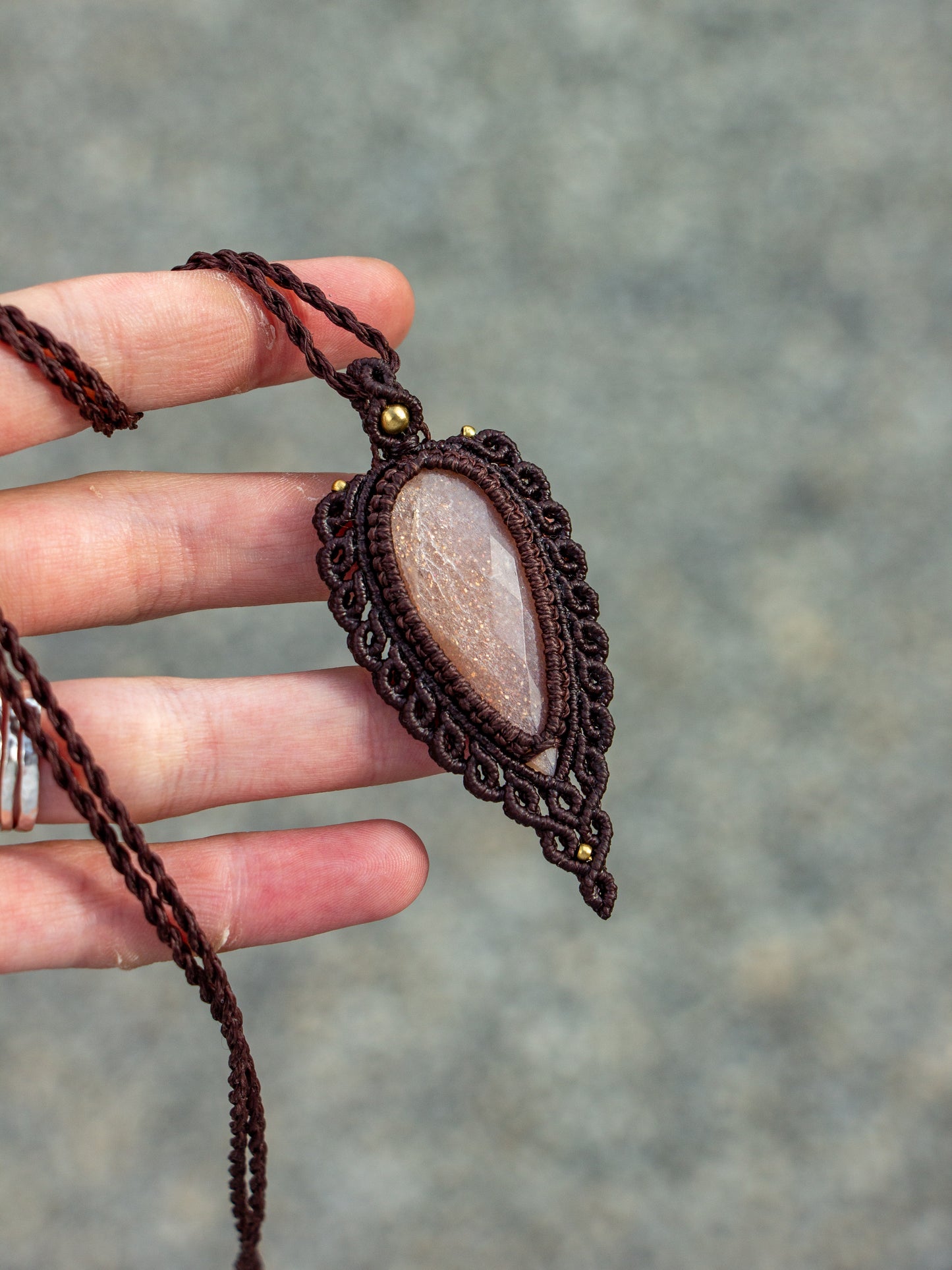 rose cut Peach Moonstone macrame necklace