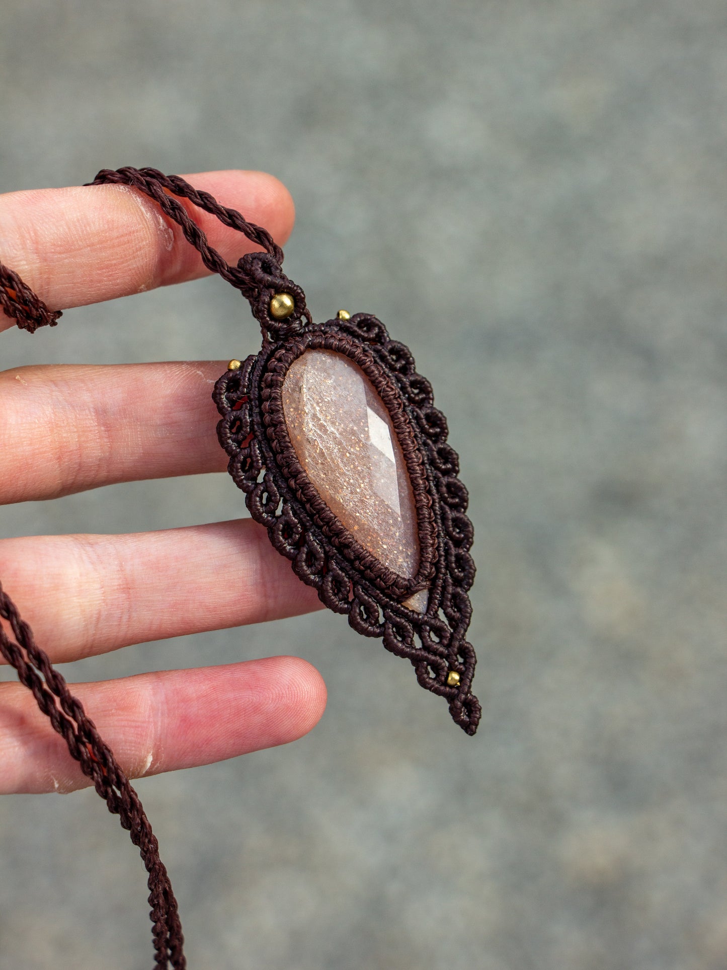 rose cut Peach Moonstone macrame necklace