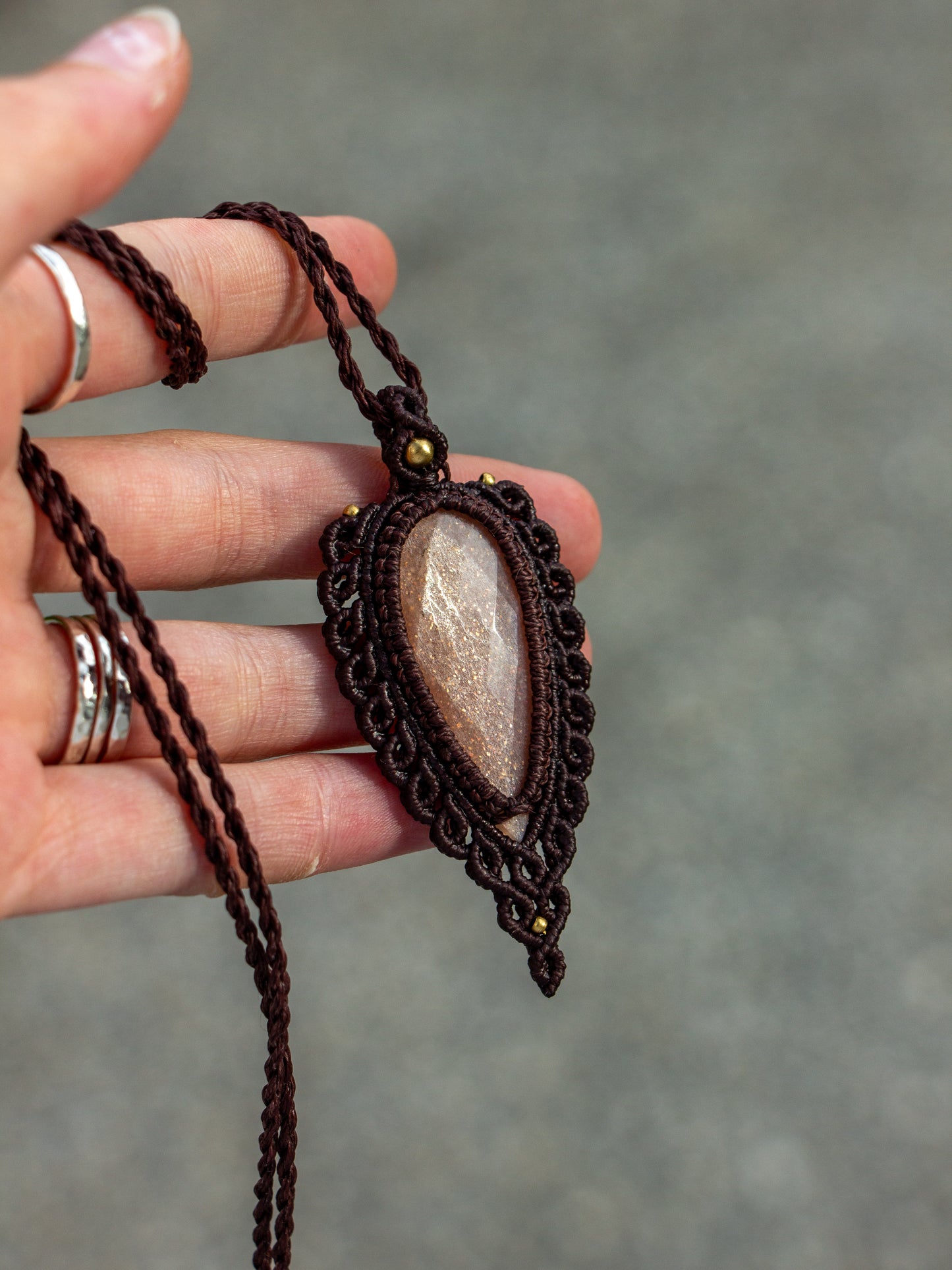 rose cut Peach Moonstone macrame necklace