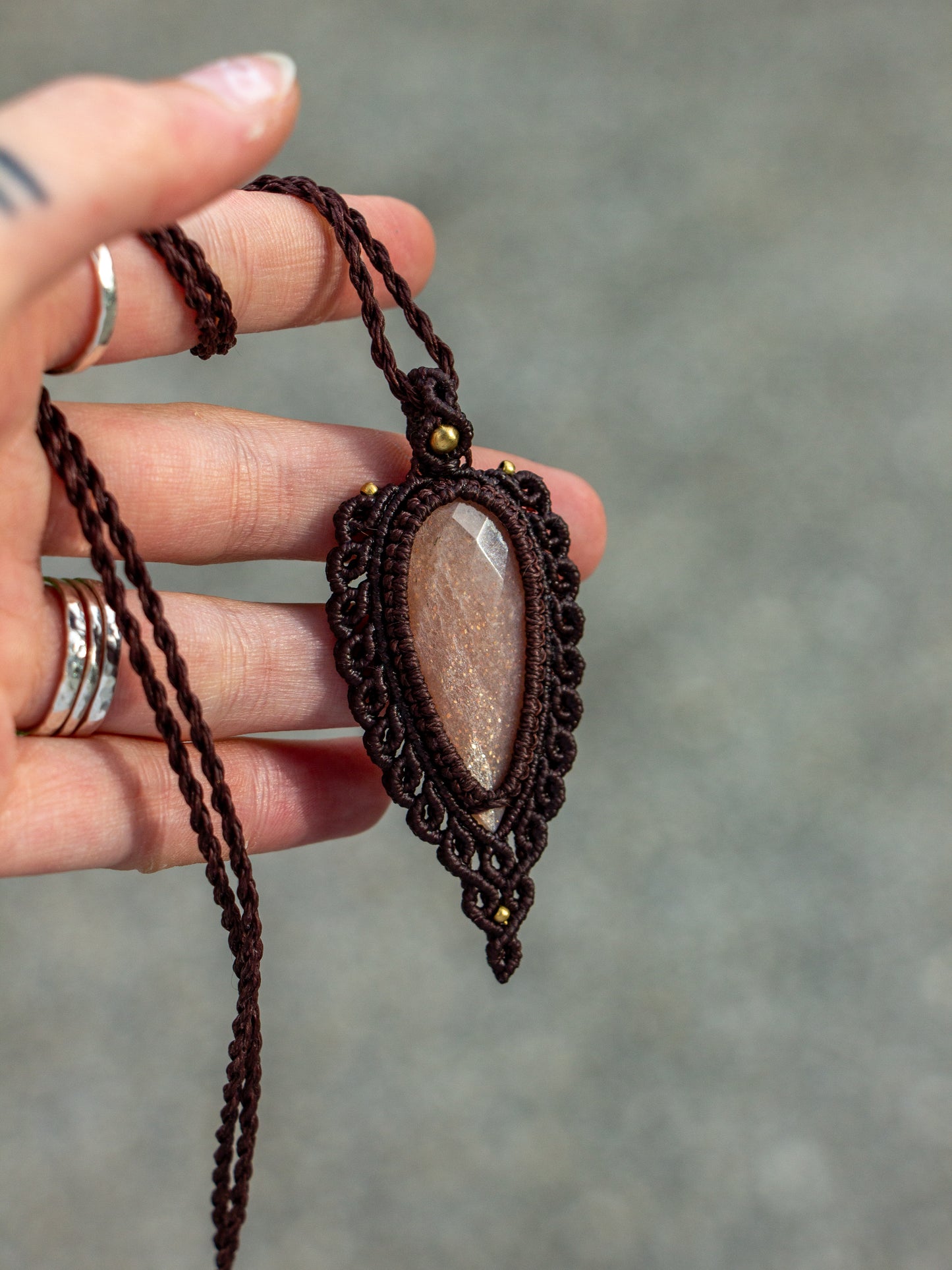 rose cut Peach Moonstone macrame necklace