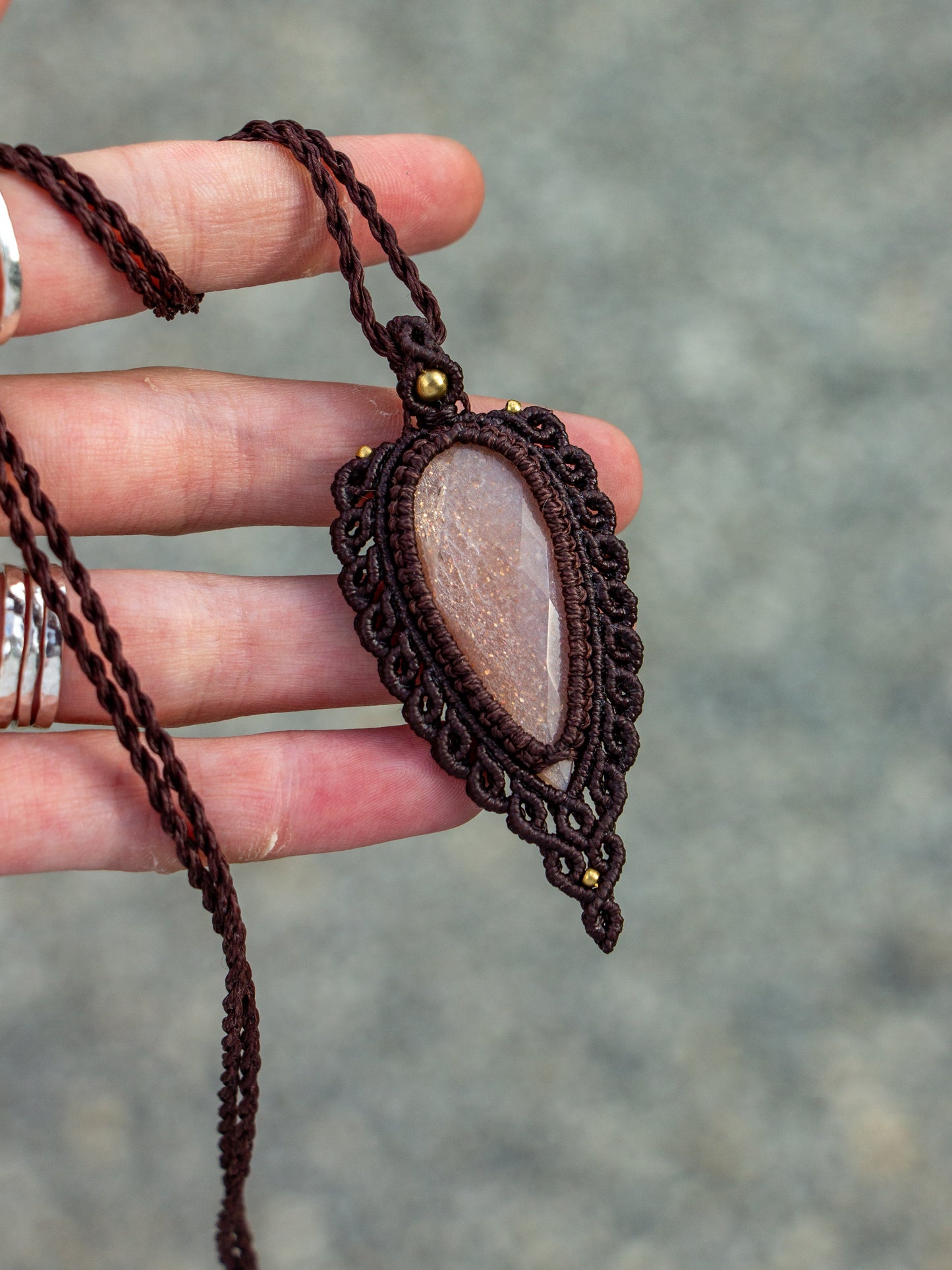 rose cut Peach Moonstone macrame necklace