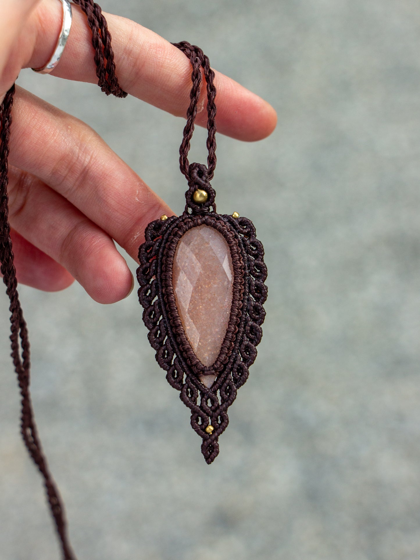 rose cut Peach Moonstone macrame necklace