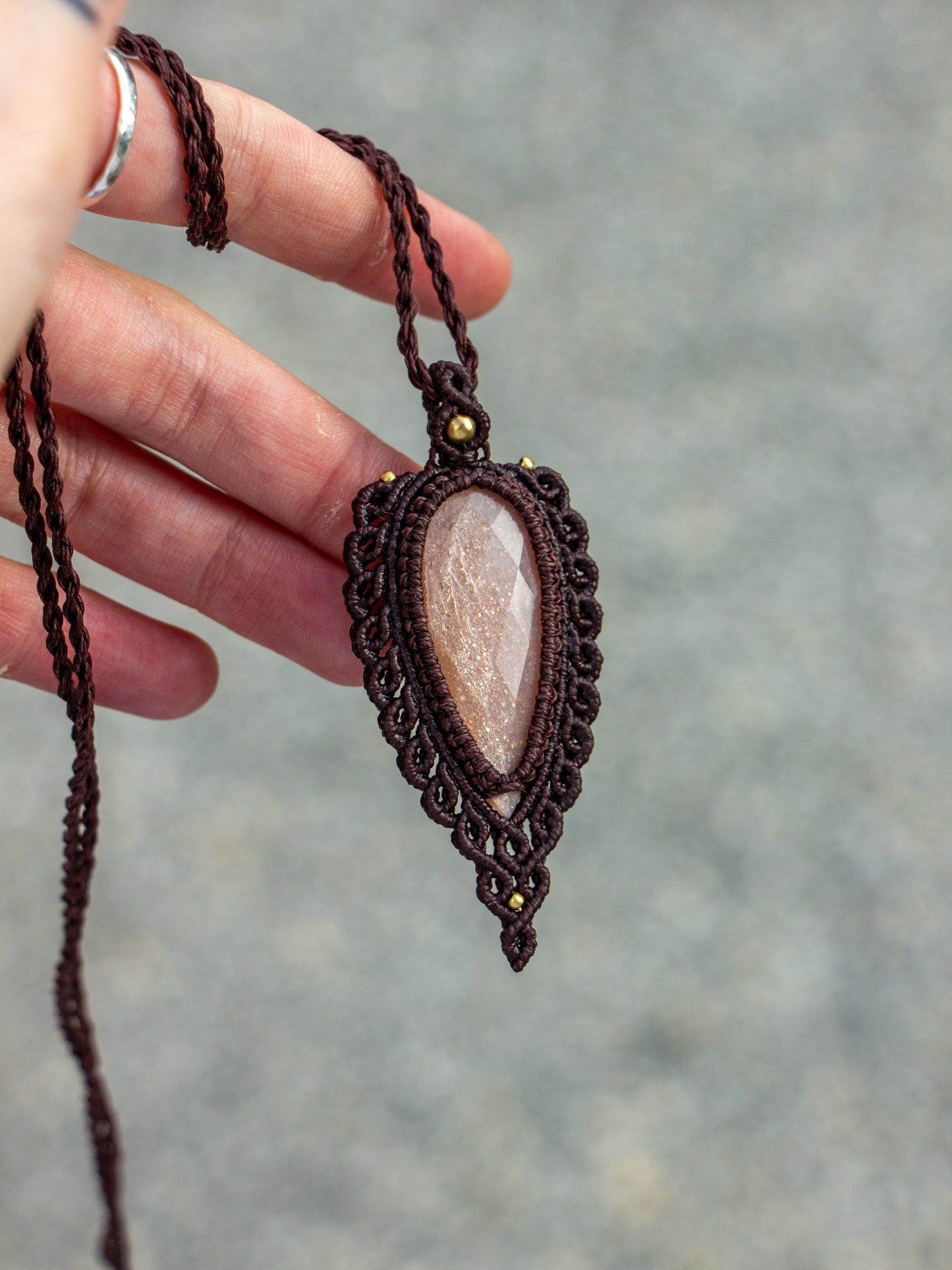 rose cut Peach Moonstone macrame necklace