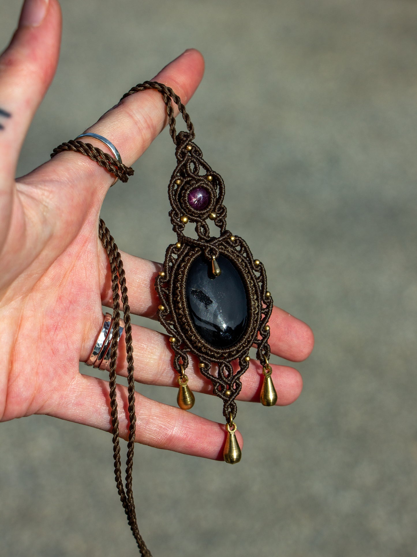 Star Ruby & Druzy Onyx macrame necklace