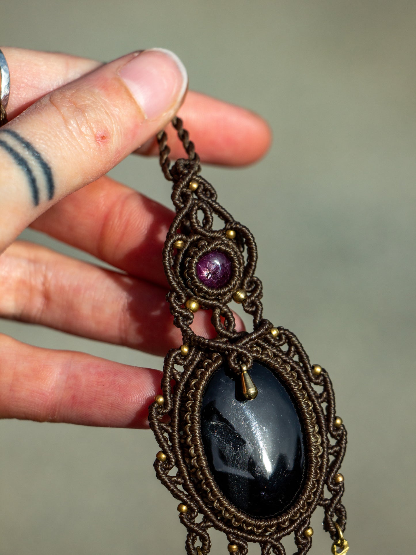 Star Ruby & Druzy Onyx macrame necklace