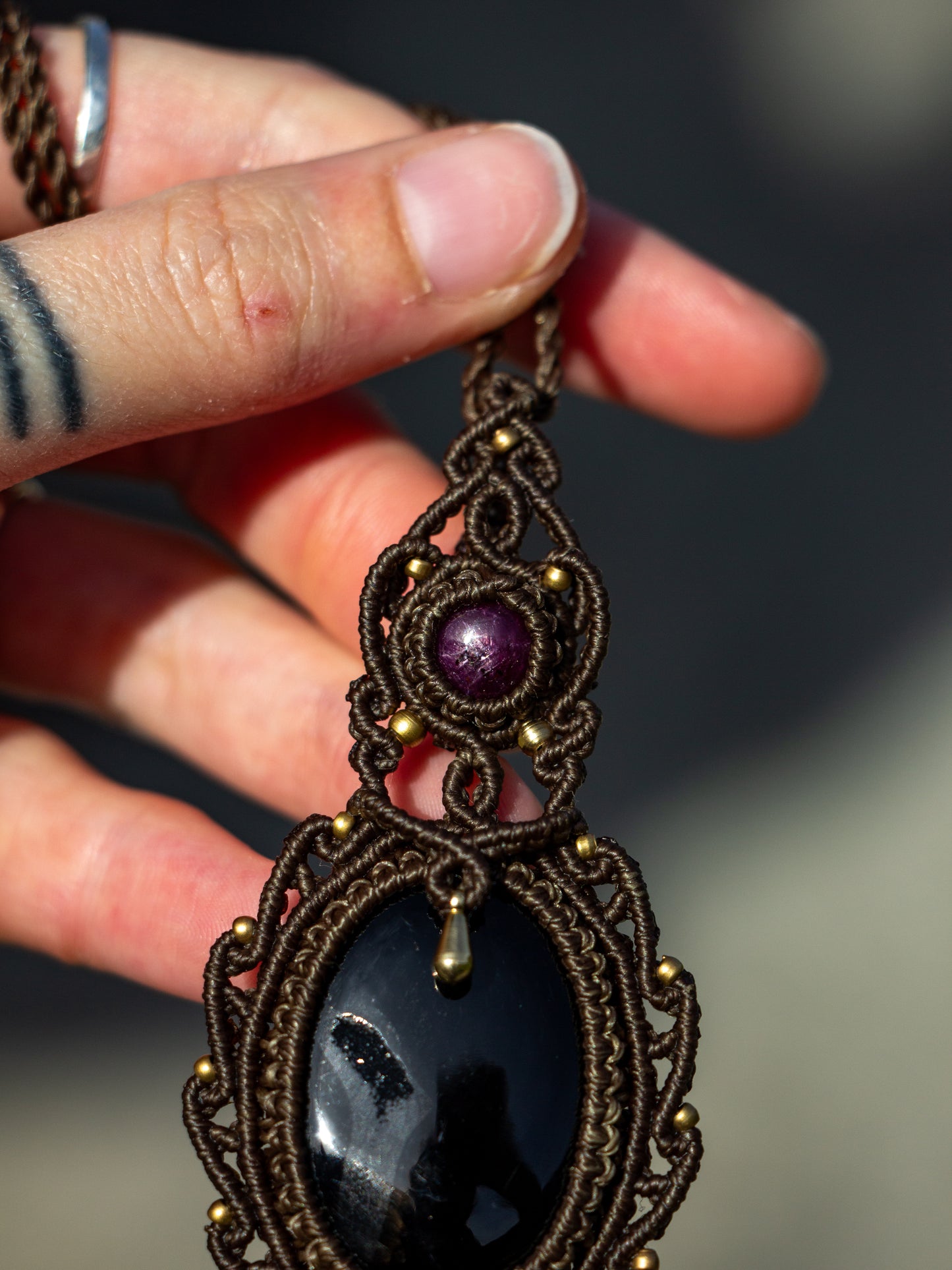 Star Ruby & Druzy Onyx macrame necklace