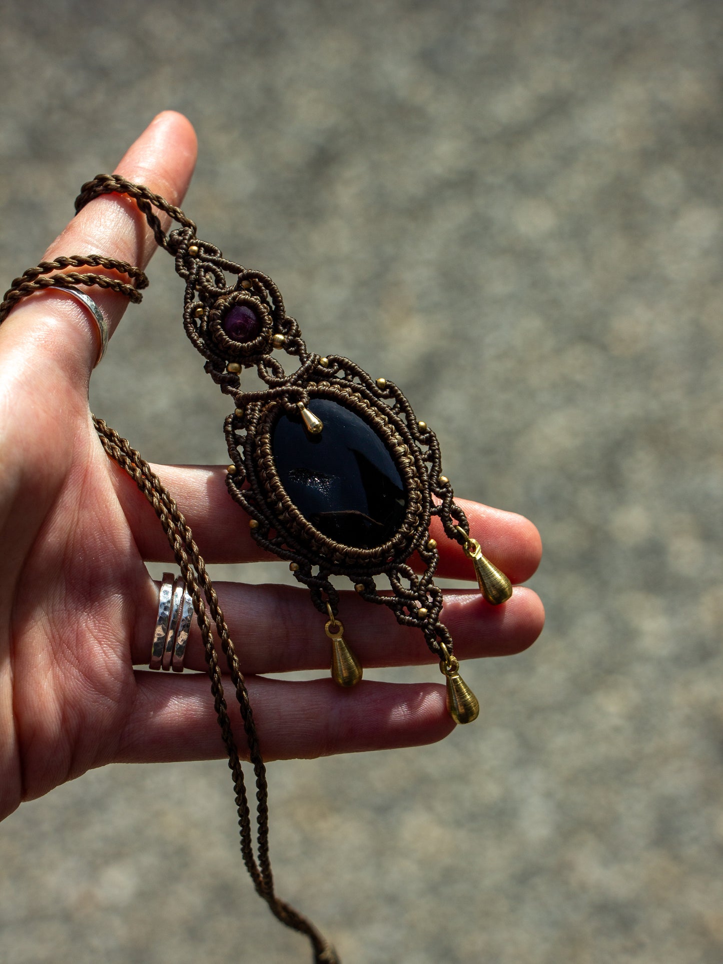 Star Ruby & Druzy Onyx macrame necklace
