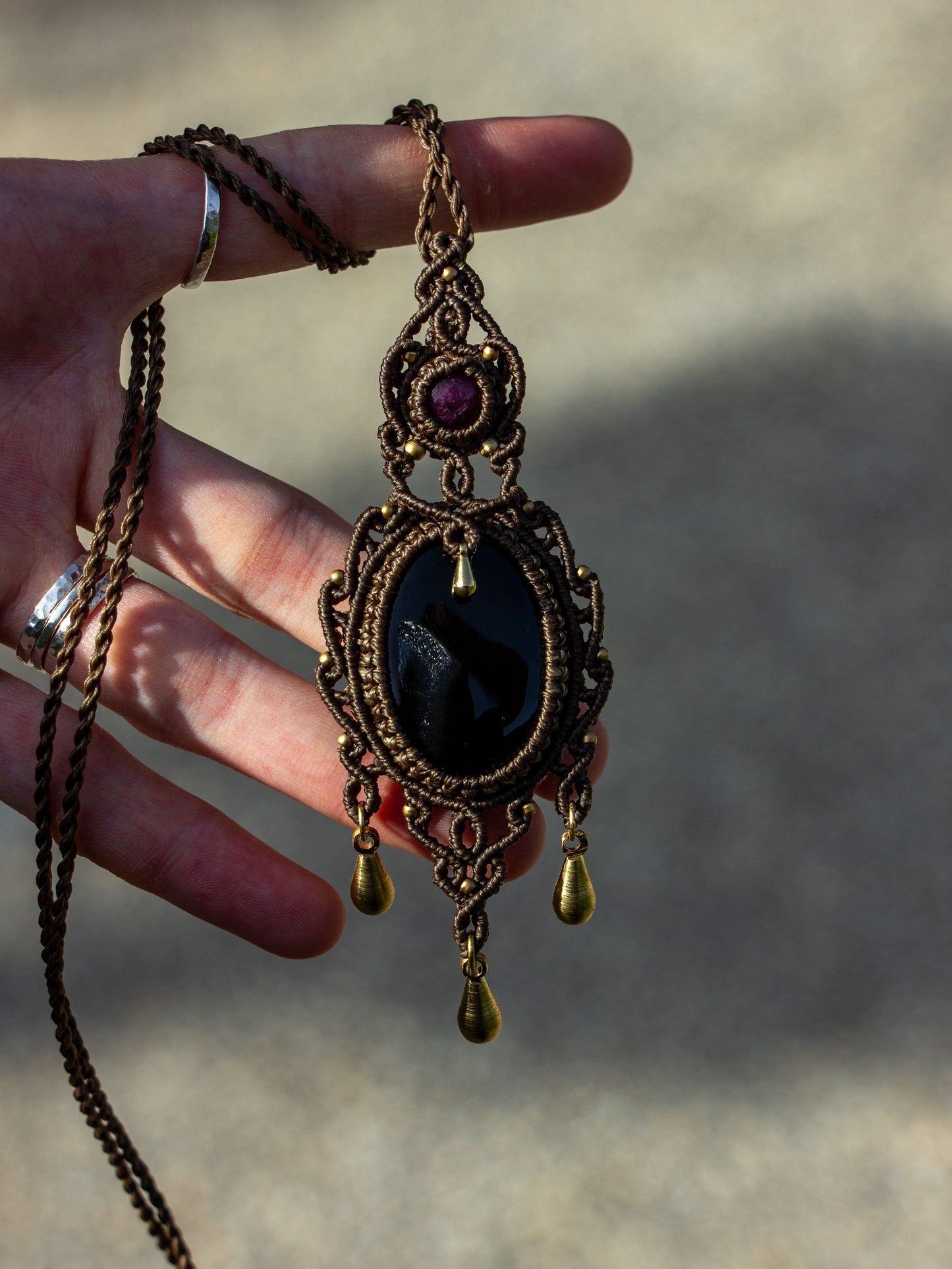 Star Ruby & Druzy Onyx macrame necklace