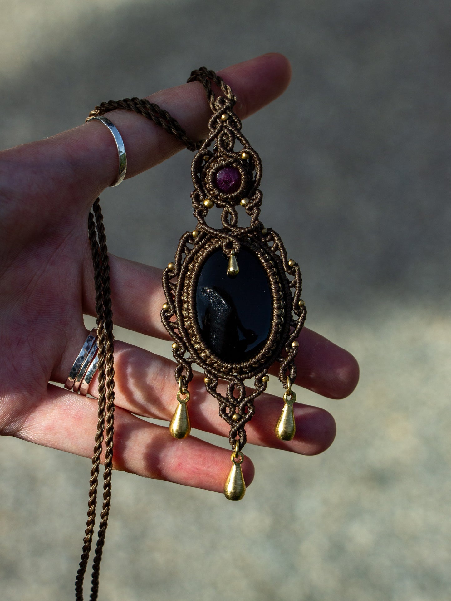 Star Ruby & Druzy Onyx macrame necklace