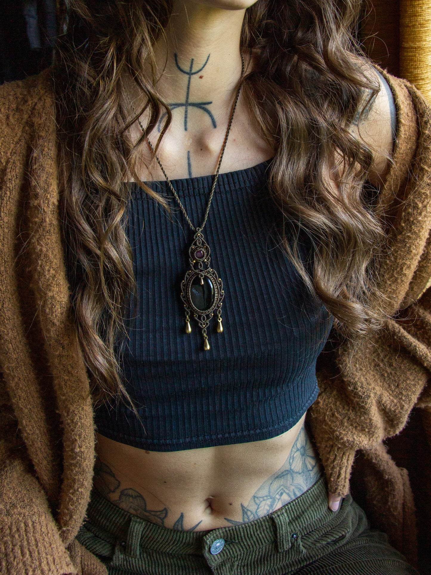 Star Ruby & Druzy Onyx macrame necklace