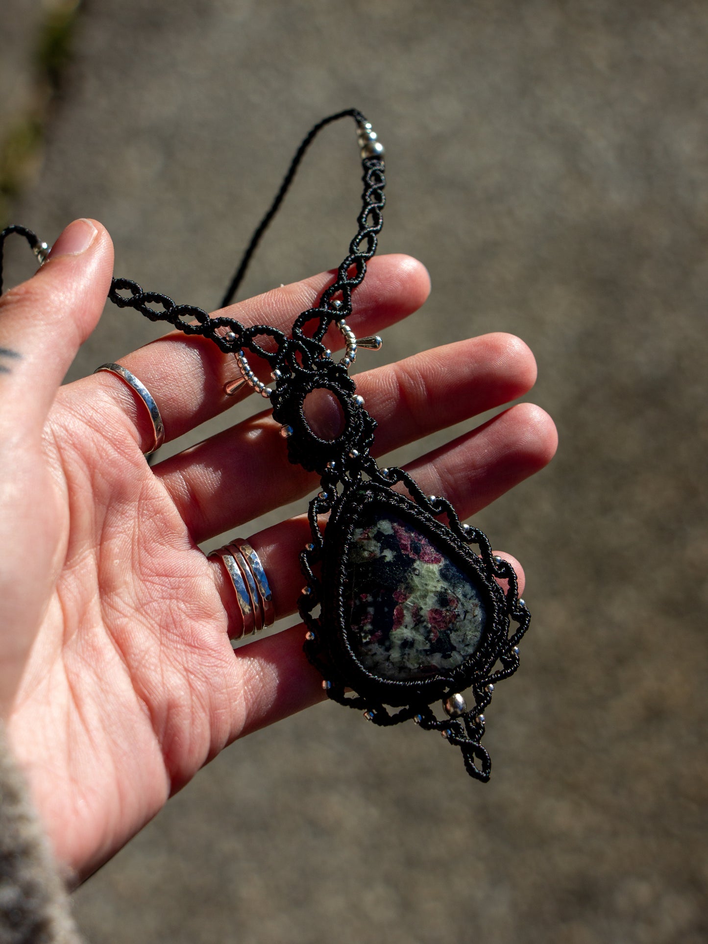Rose Quartz & Eudialyte macrame necklace