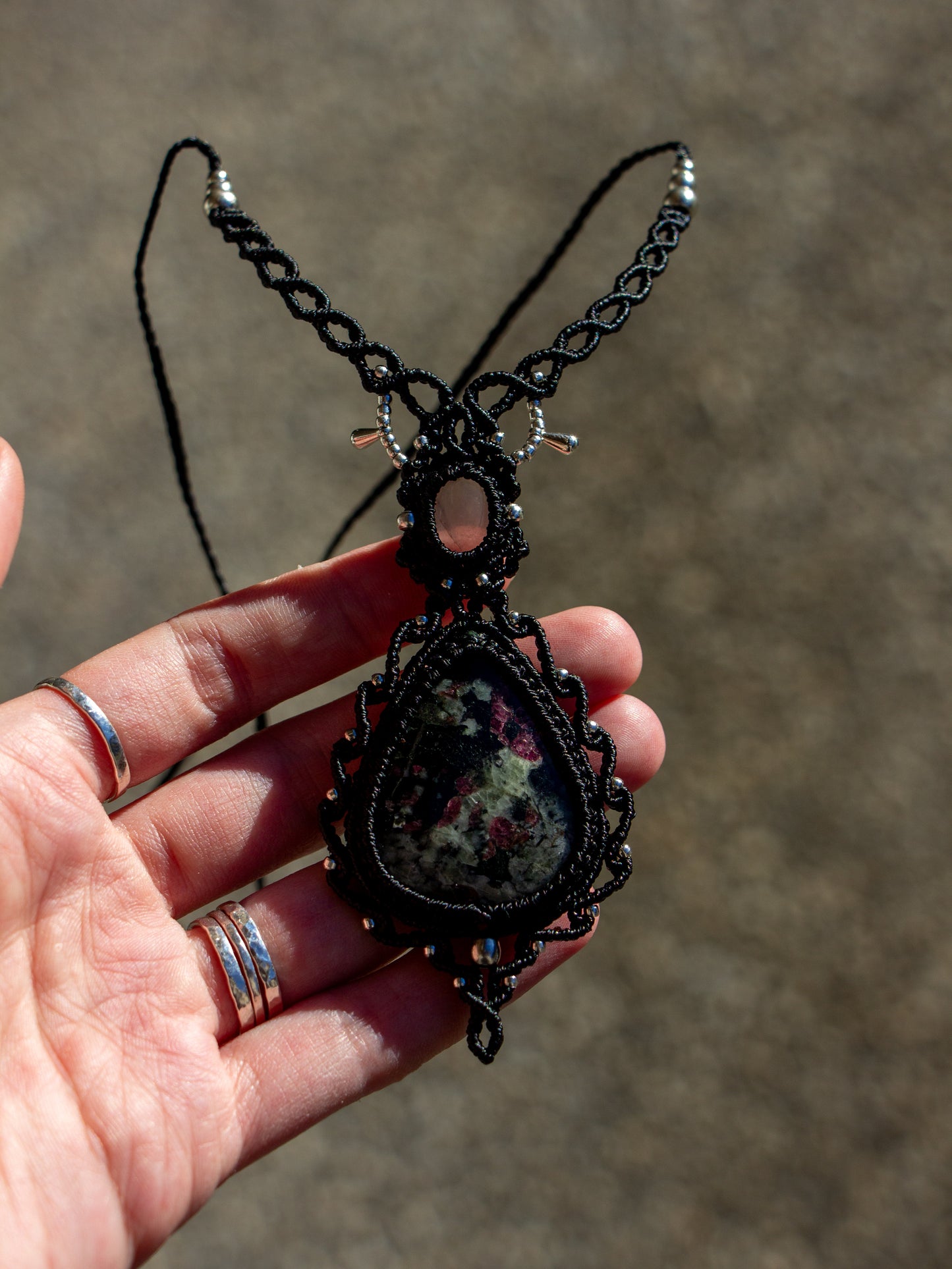 Rose Quartz & Eudialyte macrame necklace