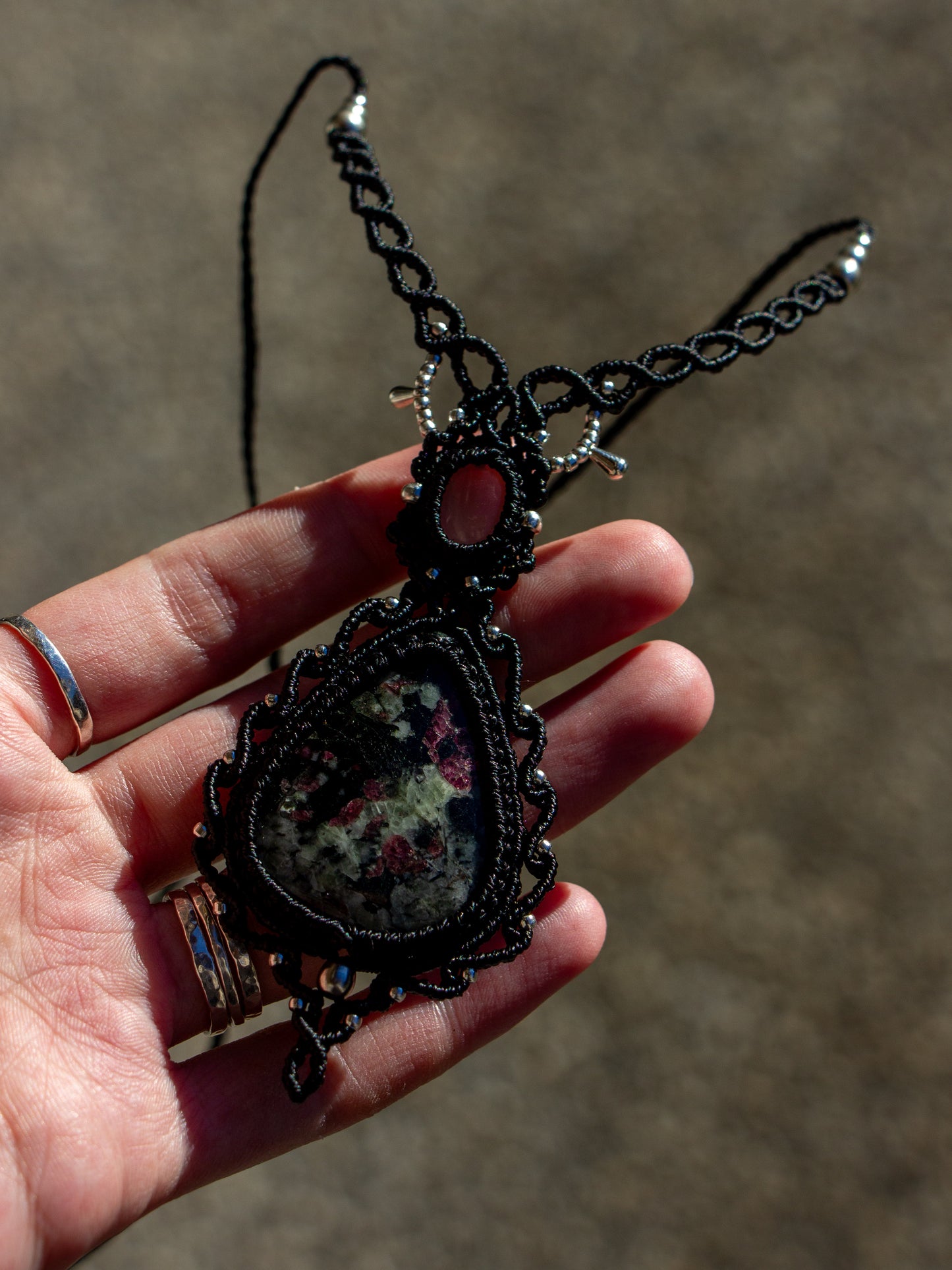 Rose Quartz & Eudialyte macrame necklace