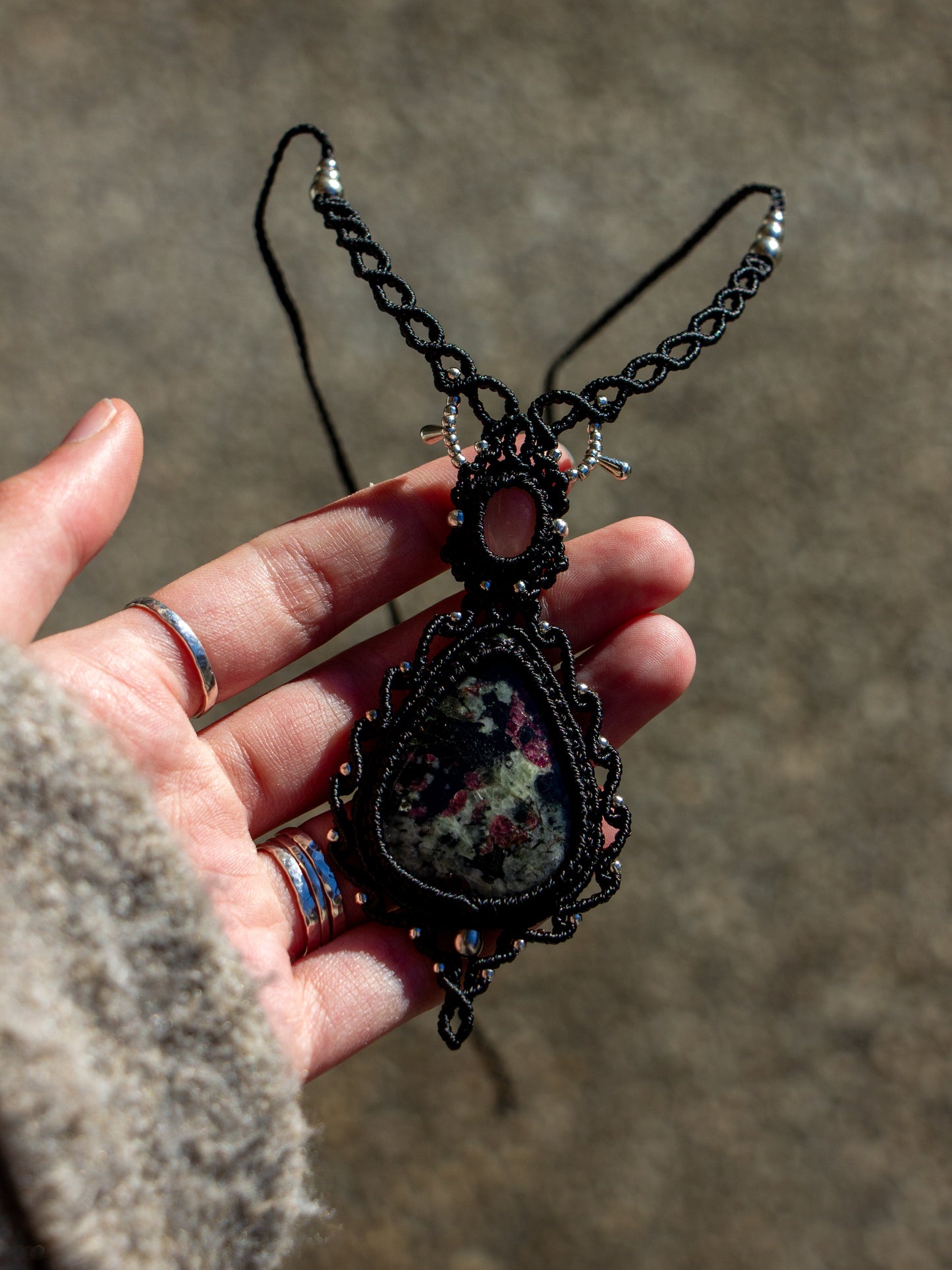 Rose Quartz & Eudialyte macrame necklace