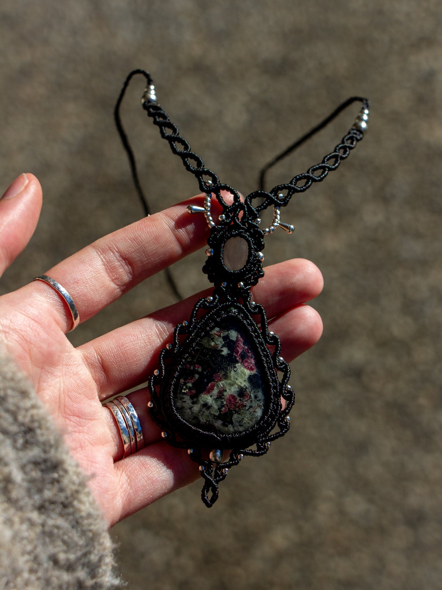 Rose Quartz & Eudialyte macrame necklace