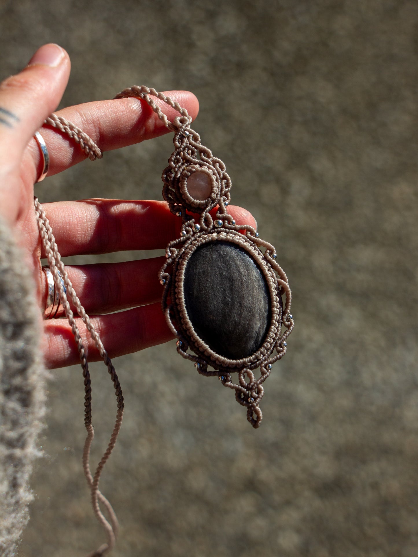 Rose Quartz & Silver Sheen Obsidian macrame necklace
