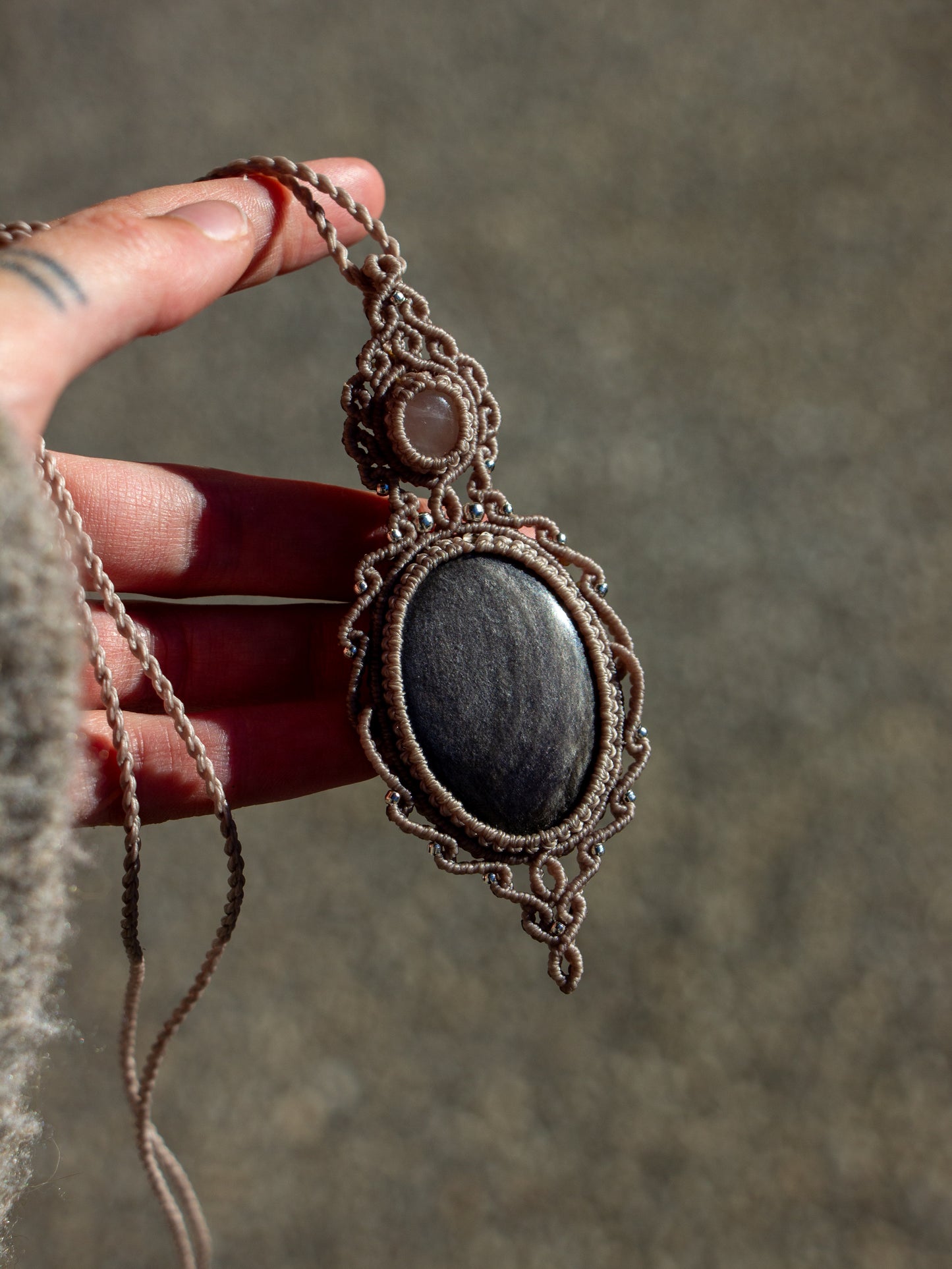 Rose Quartz & Silver Sheen Obsidian macrame necklace