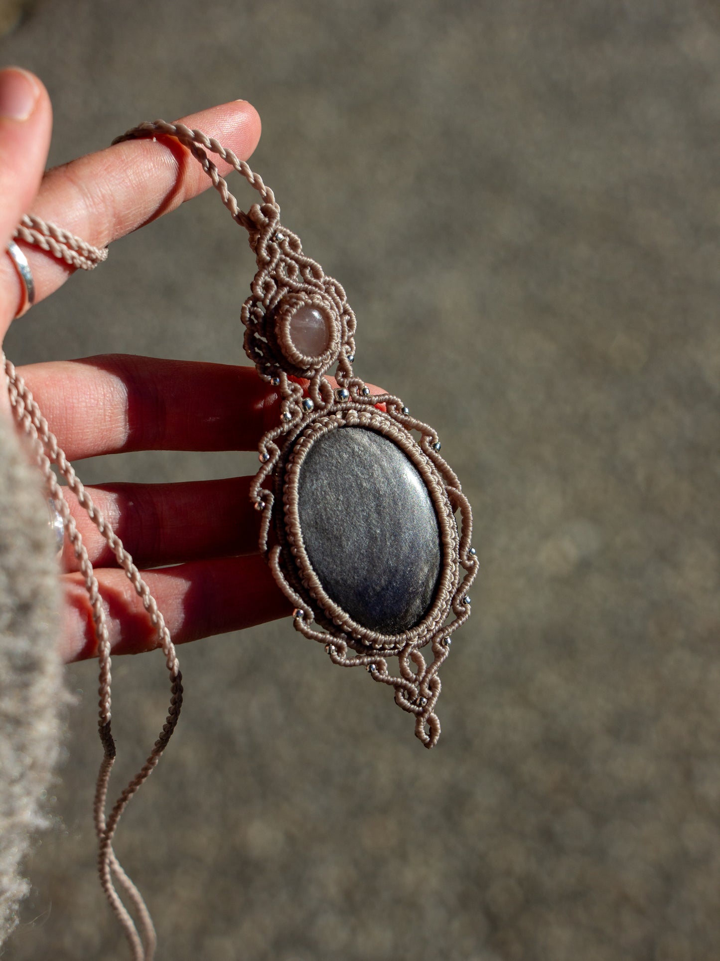 Rose Quartz & Silver Sheen Obsidian macrame necklace