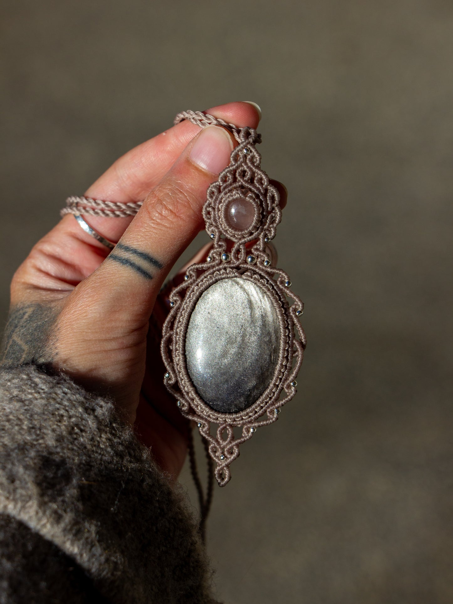 Rose Quartz & Silver Sheen Obsidian macrame necklace