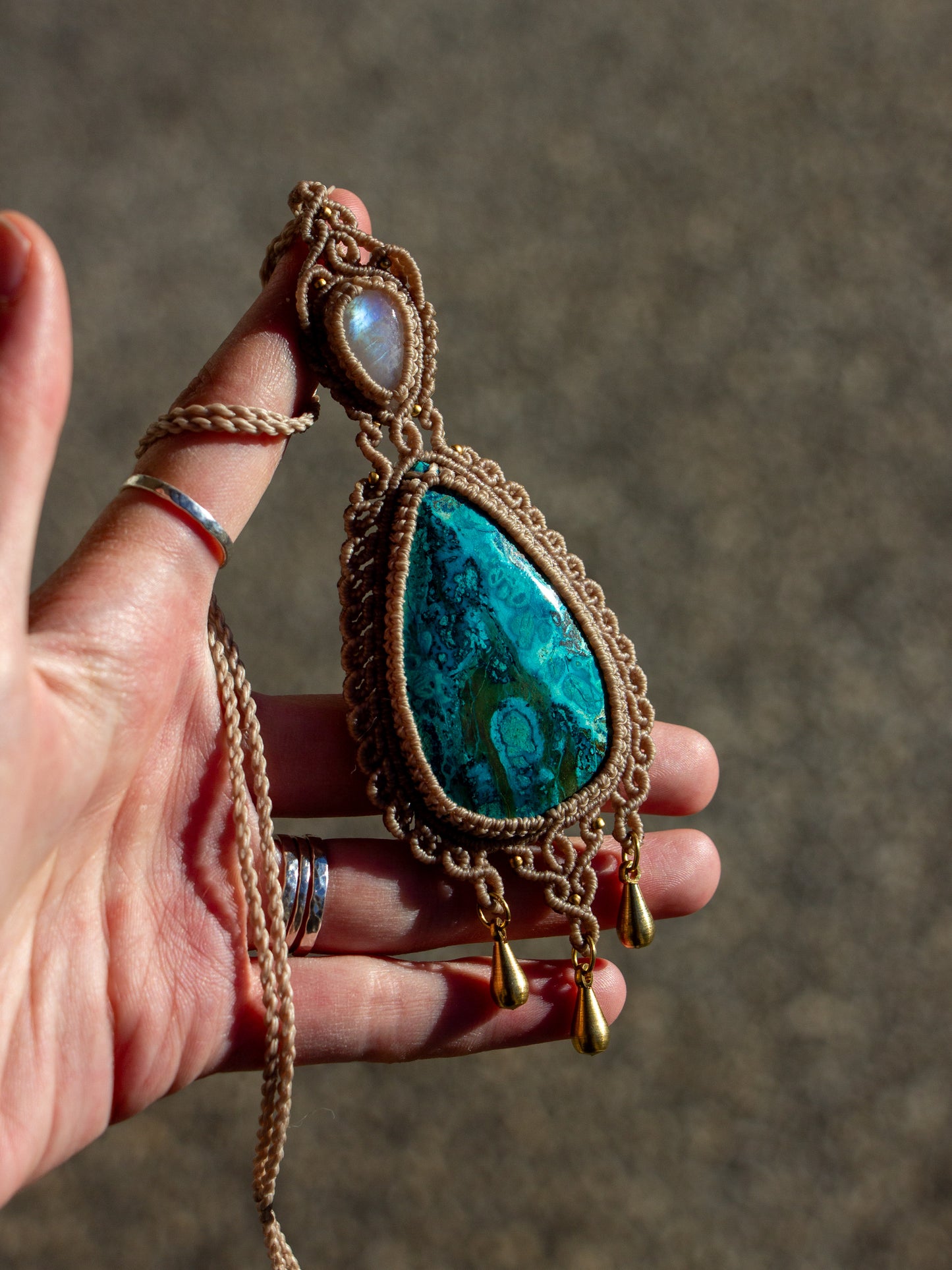 Rainbow Moonstone & Chrysocolla Malachite macrame necklace