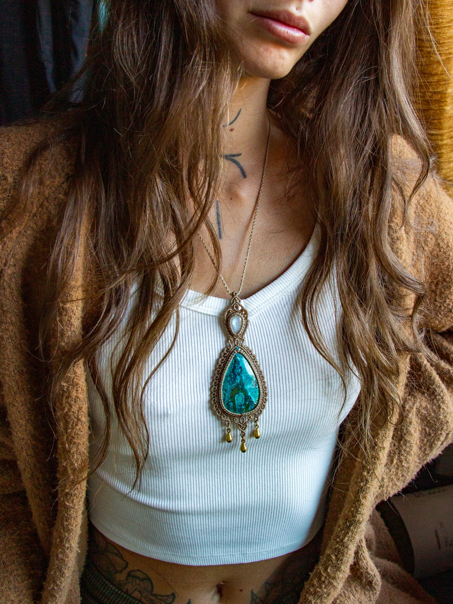 Rainbow Moonstone & Chrysocolla Malachite macrame necklace