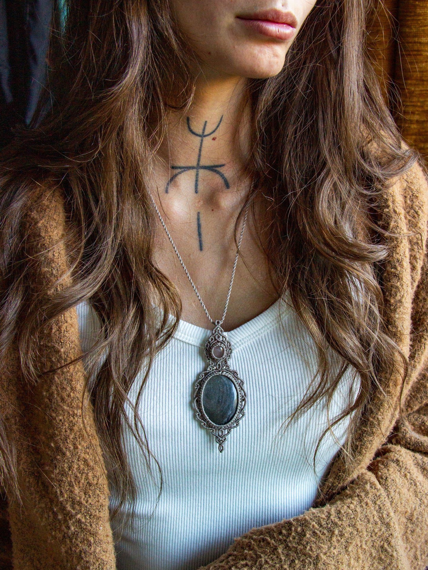 Rose Quartz & Silver Sheen Obsidian macrame necklace
