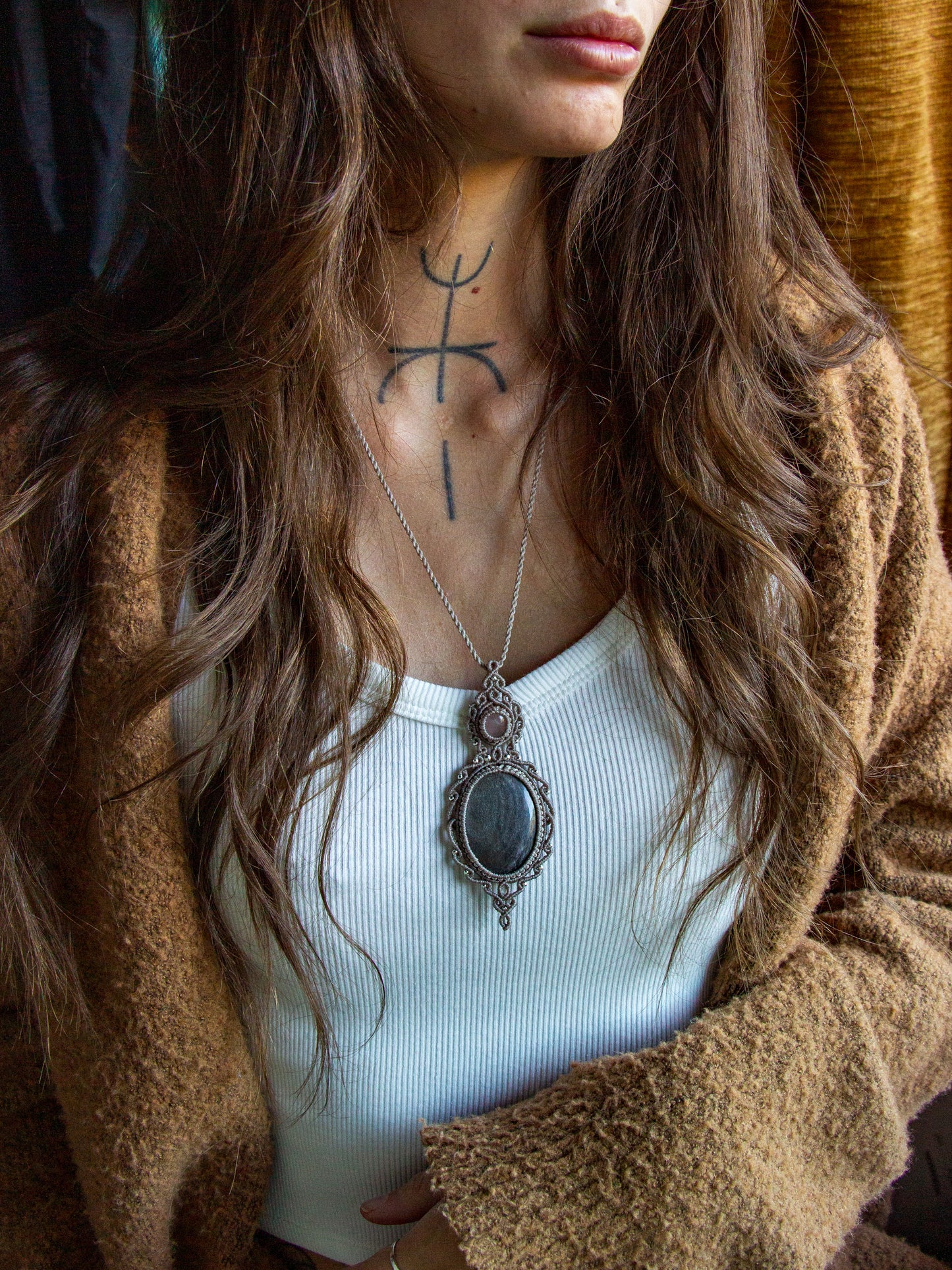 Rose Quartz & Silver Sheen Obsidian macrame necklace
