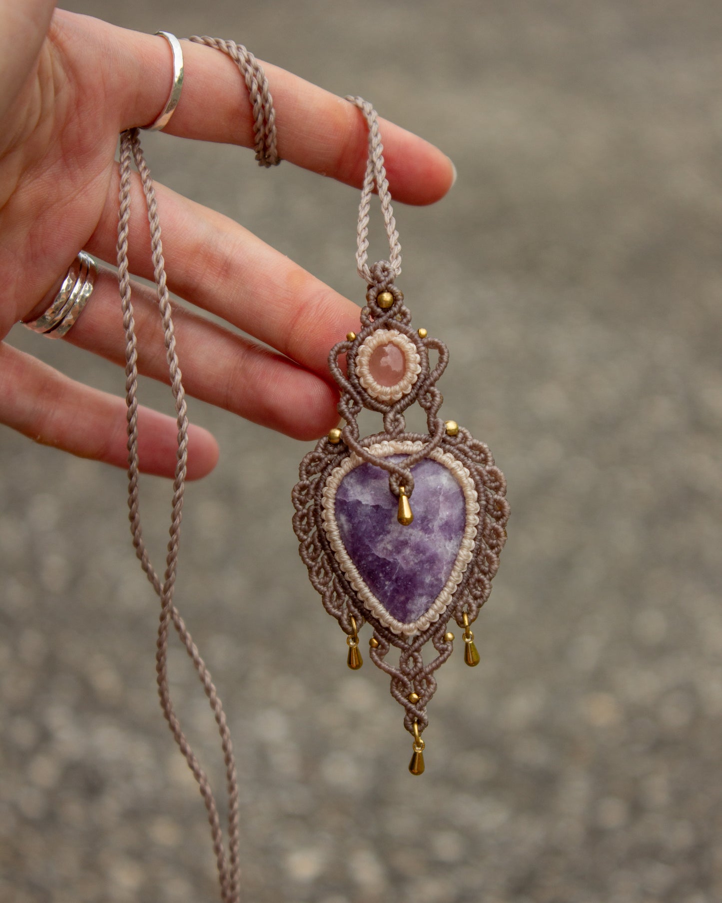 Rose Quartz & Lepidolite macrame necklace