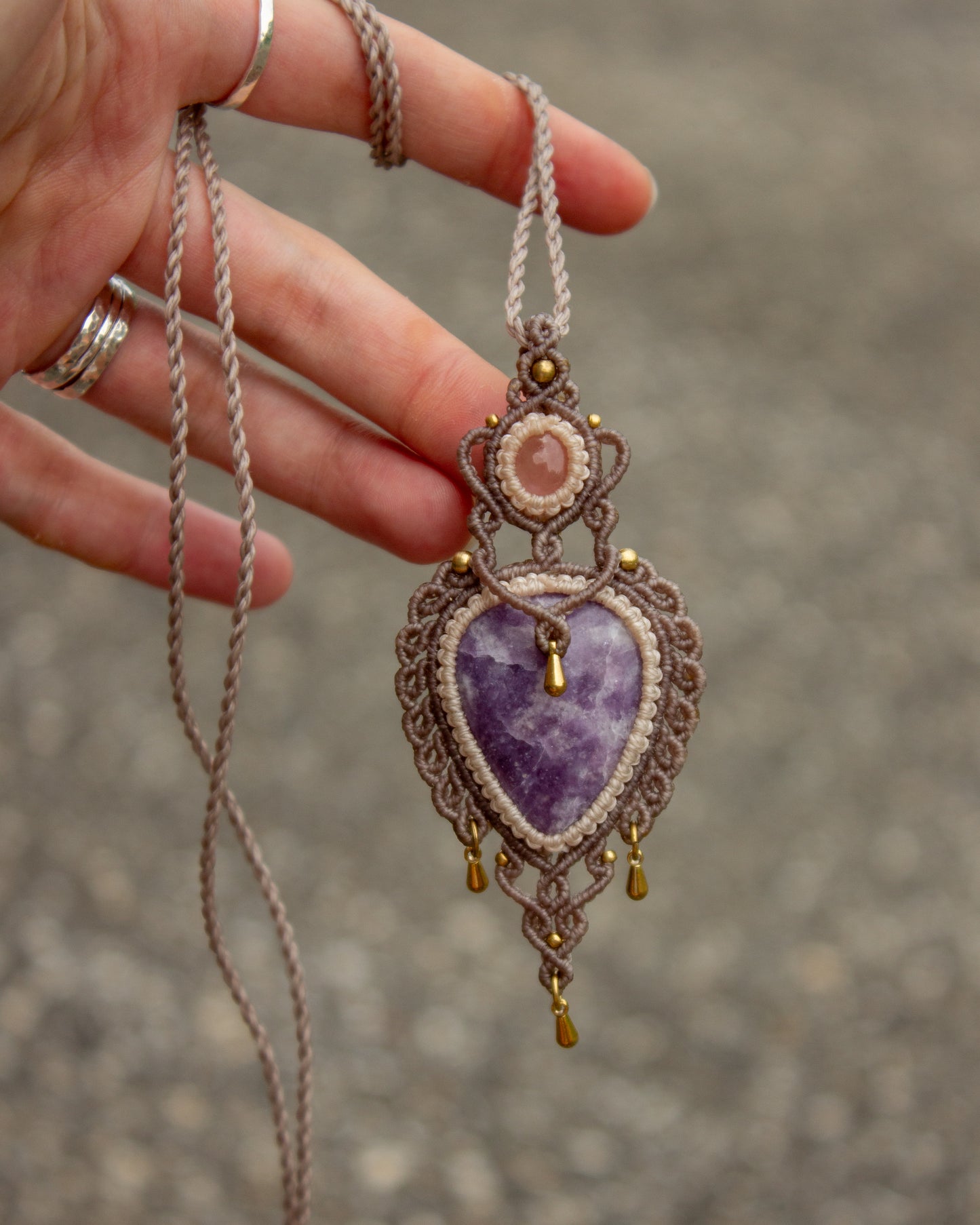Rose Quartz & Lepidolite macrame necklace
