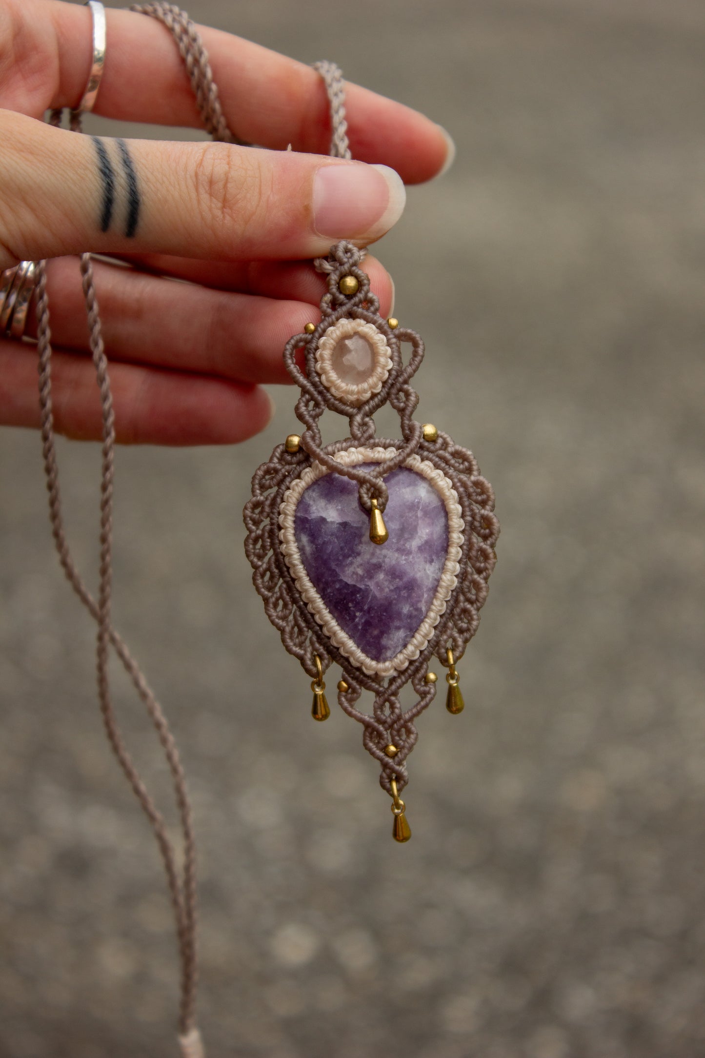 Rose Quartz & Lepidolite macrame necklace