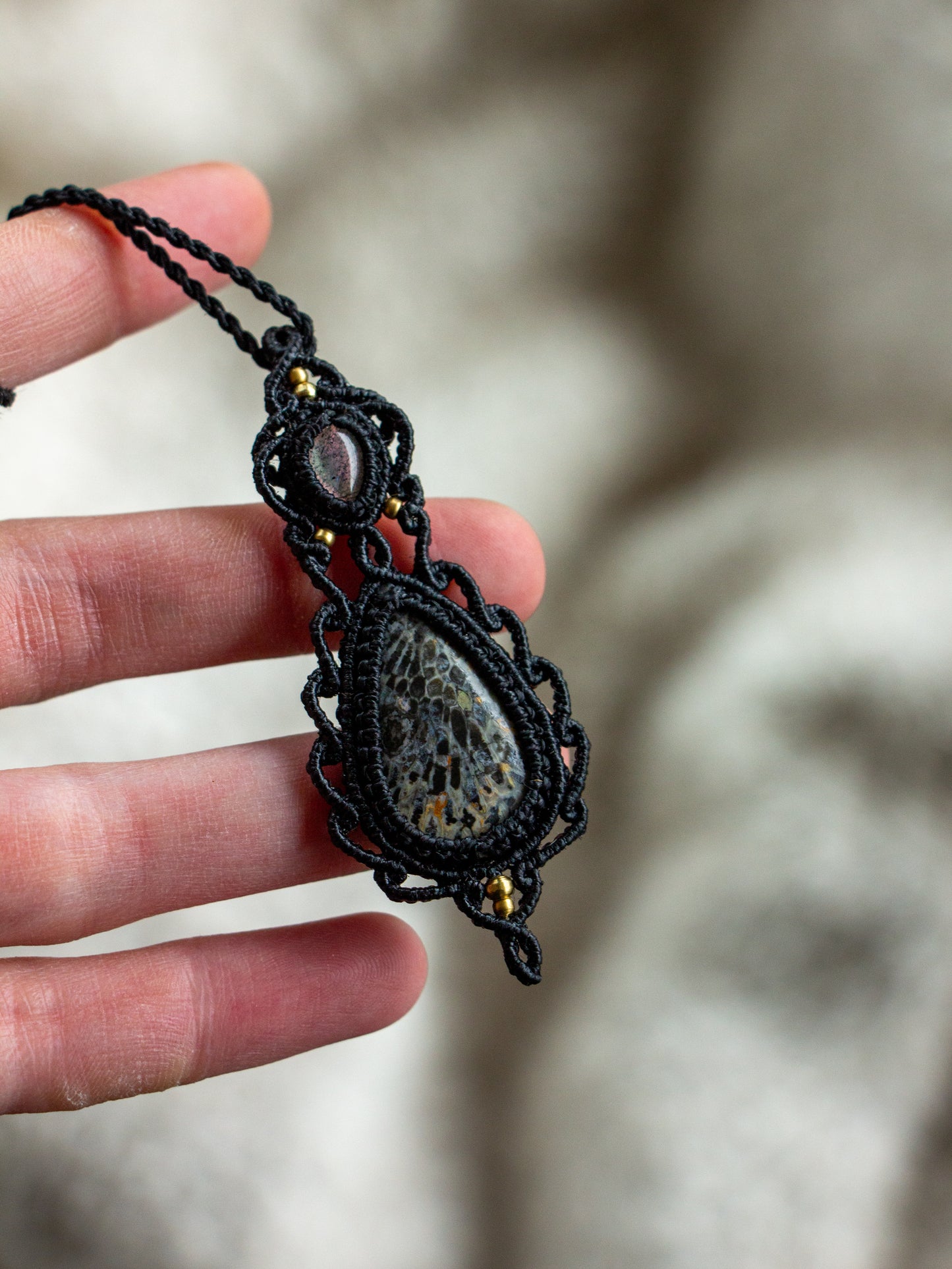 Labradorite & Coral Fossil macrame necklace