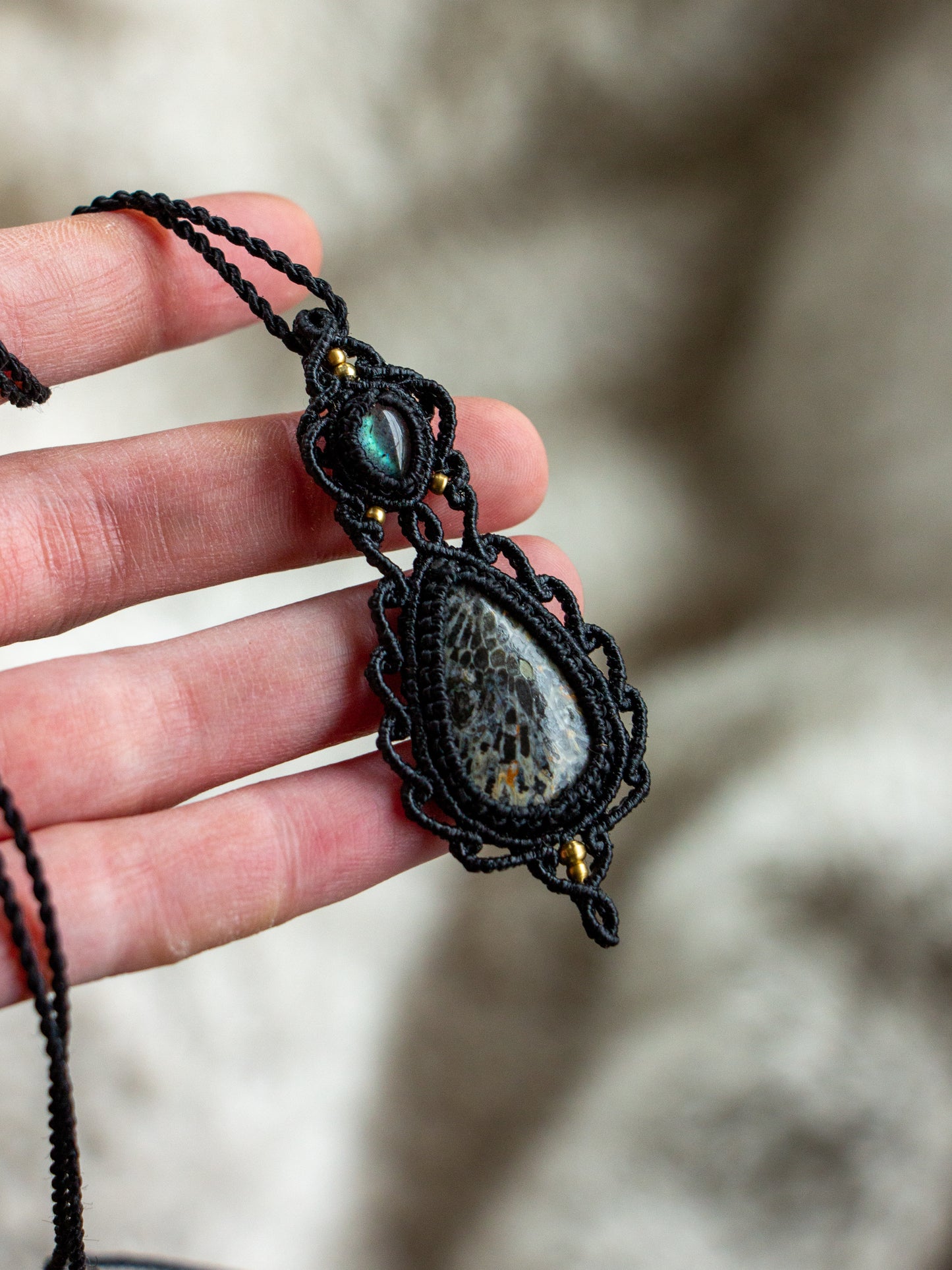 Labradorite & Coral Fossil macrame necklace