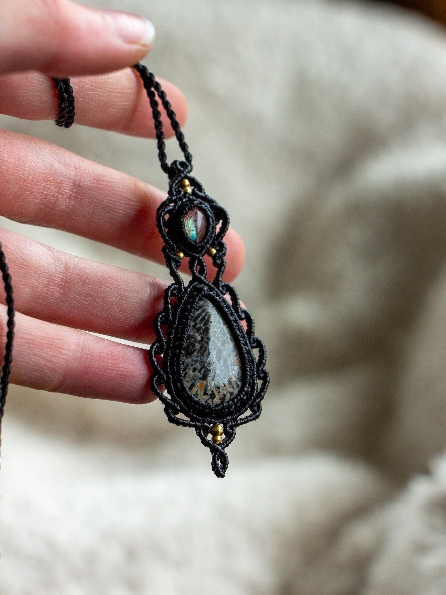 Labradorite & Coral Fossil macrame necklace