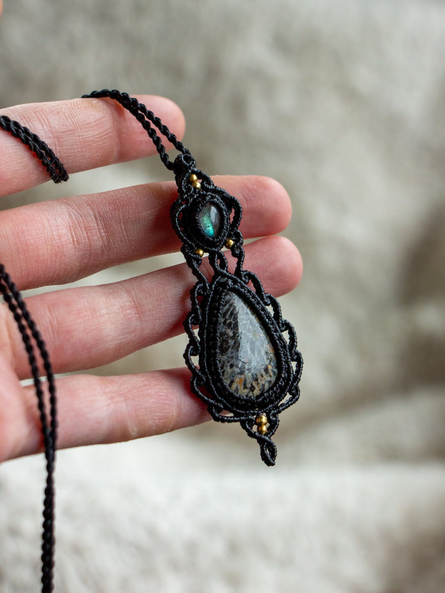 Labradorite & Coral Fossil macrame necklace
