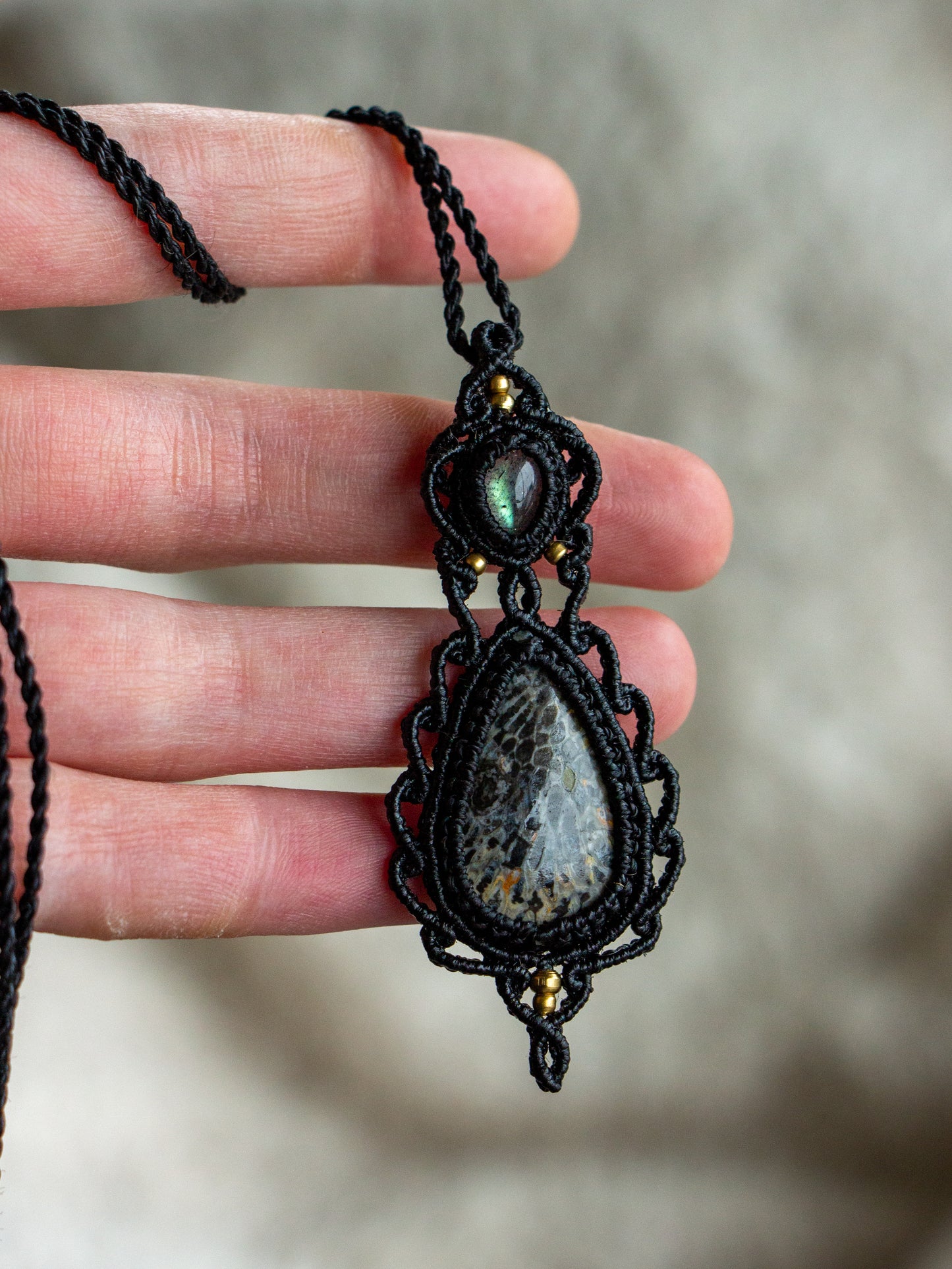 Labradorite & Coral Fossil macrame necklace