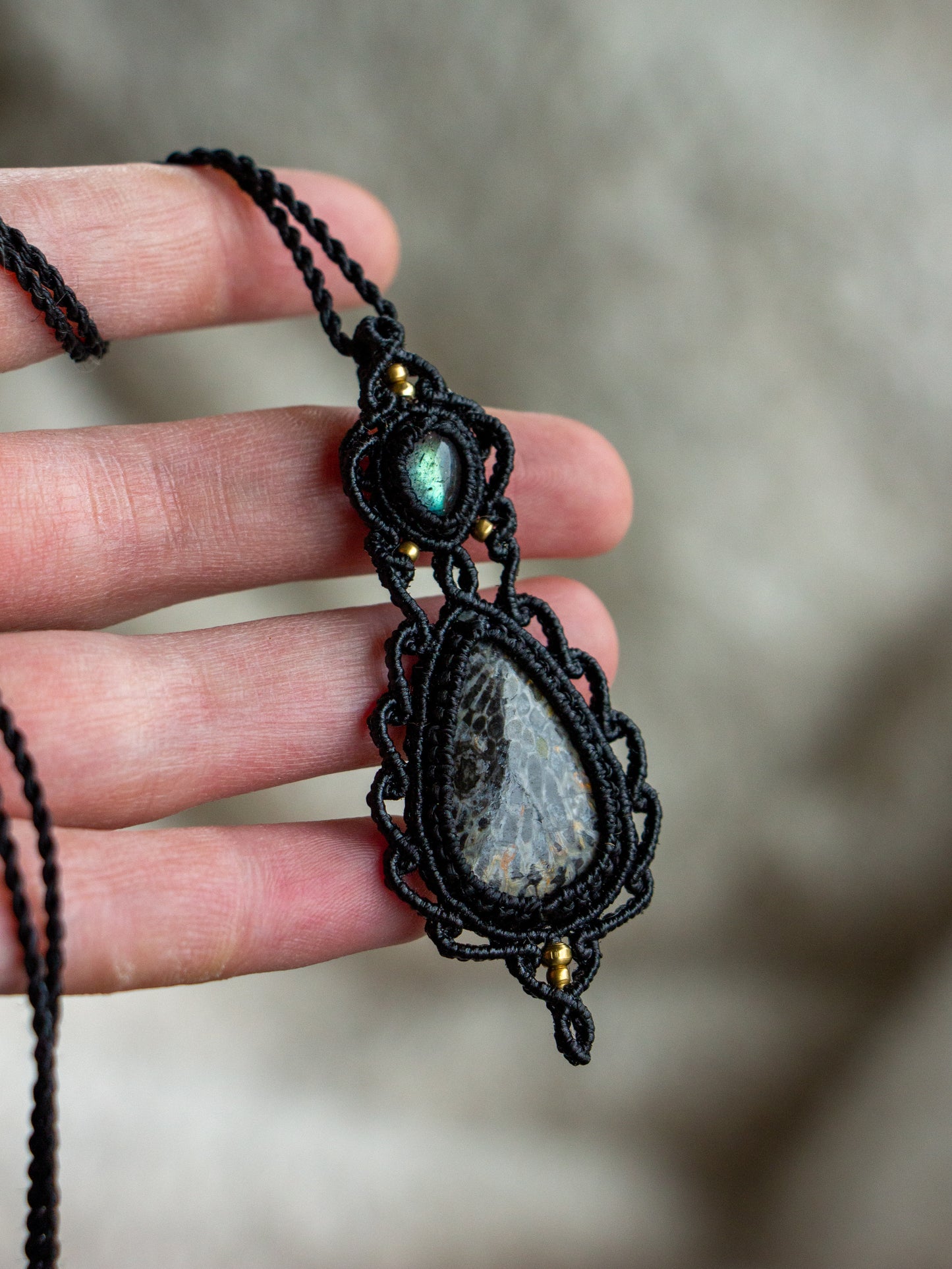Labradorite & Coral Fossil macrame necklace