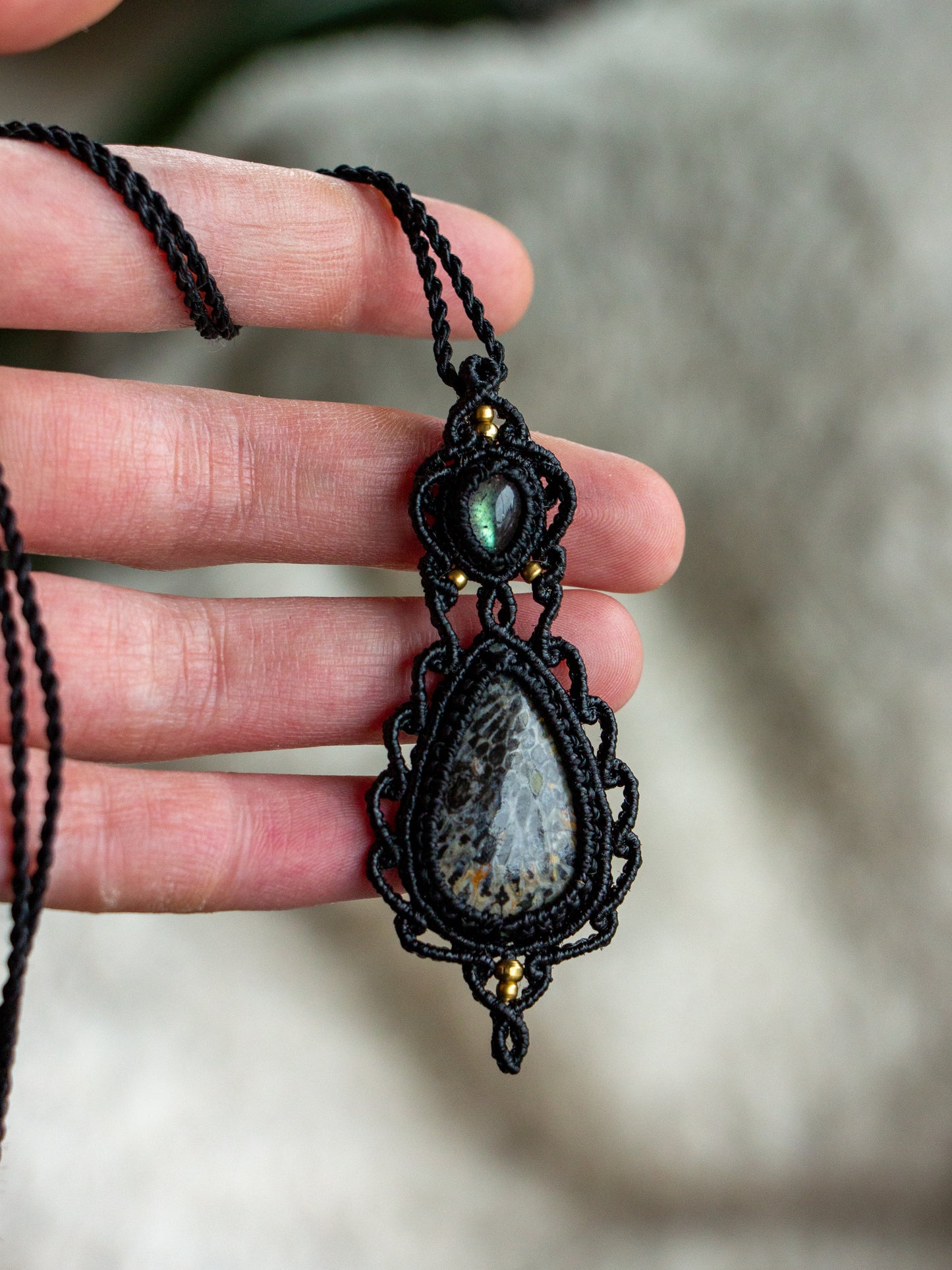 Labradorite & Coral Fossil macrame necklace