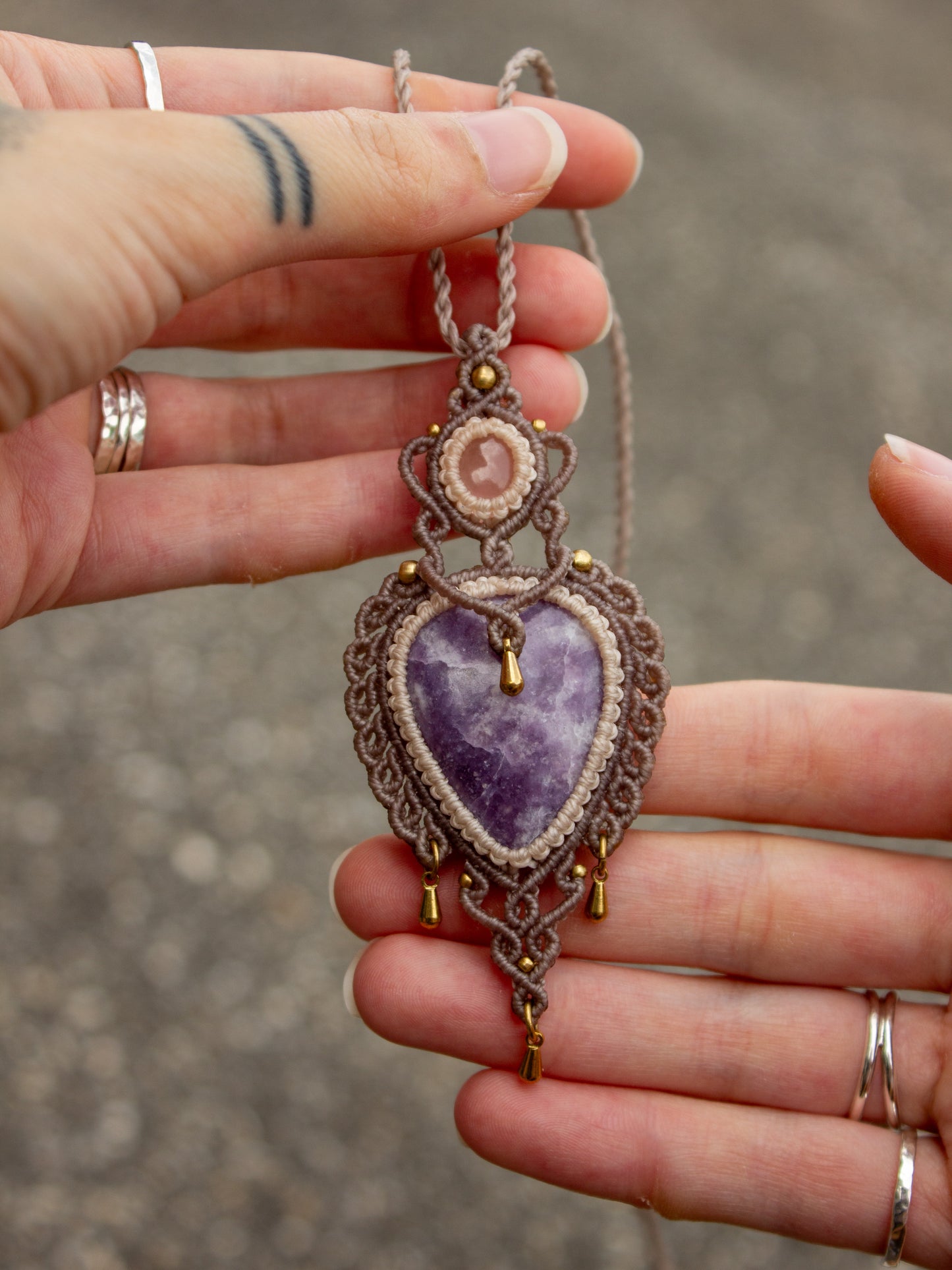 Rose Quartz & Lepidolite macrame necklace