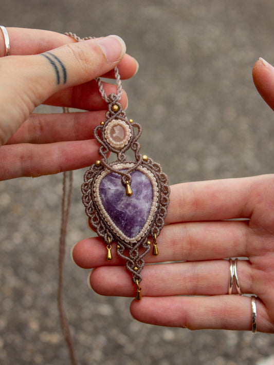 Rose Quartz & Lepidolite macrame necklace