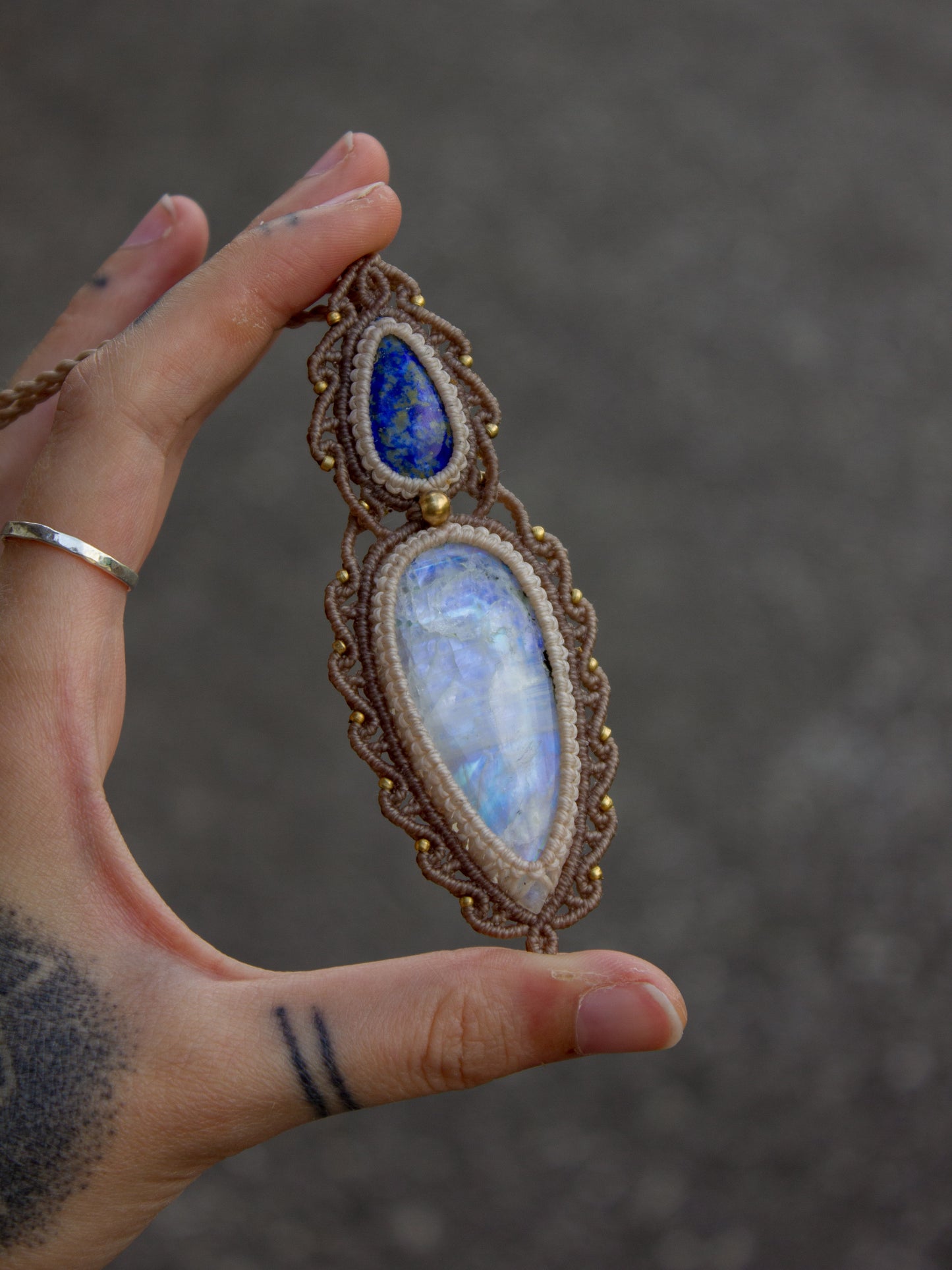Lapis Lazuli & Rainbow Moonstone macrame necklace