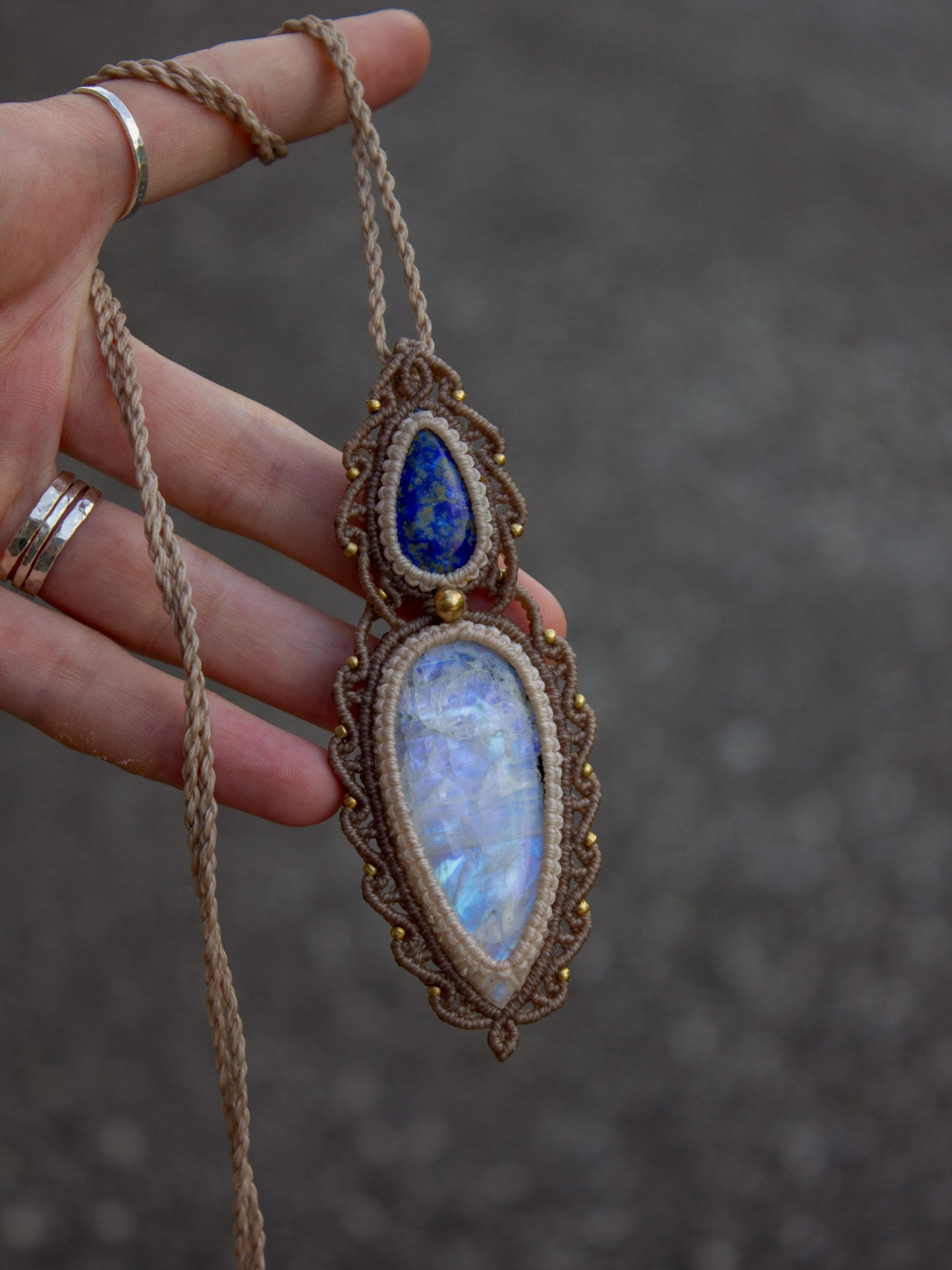 Lapis Lazuli & Rainbow Moonstone macrame necklace
