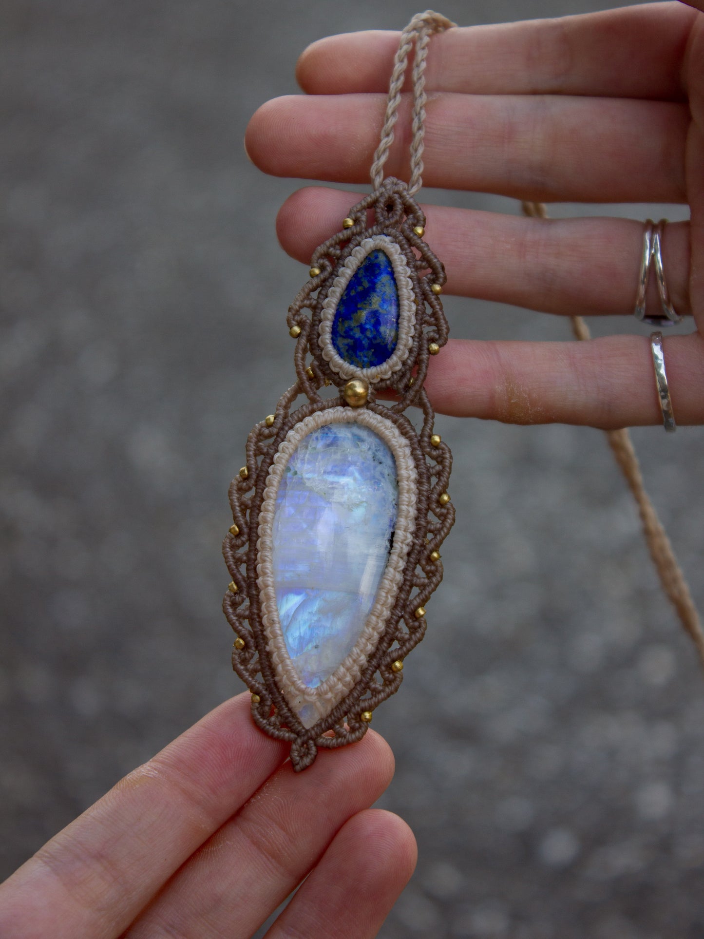 Lapis Lazuli & Rainbow Moonstone macrame necklace