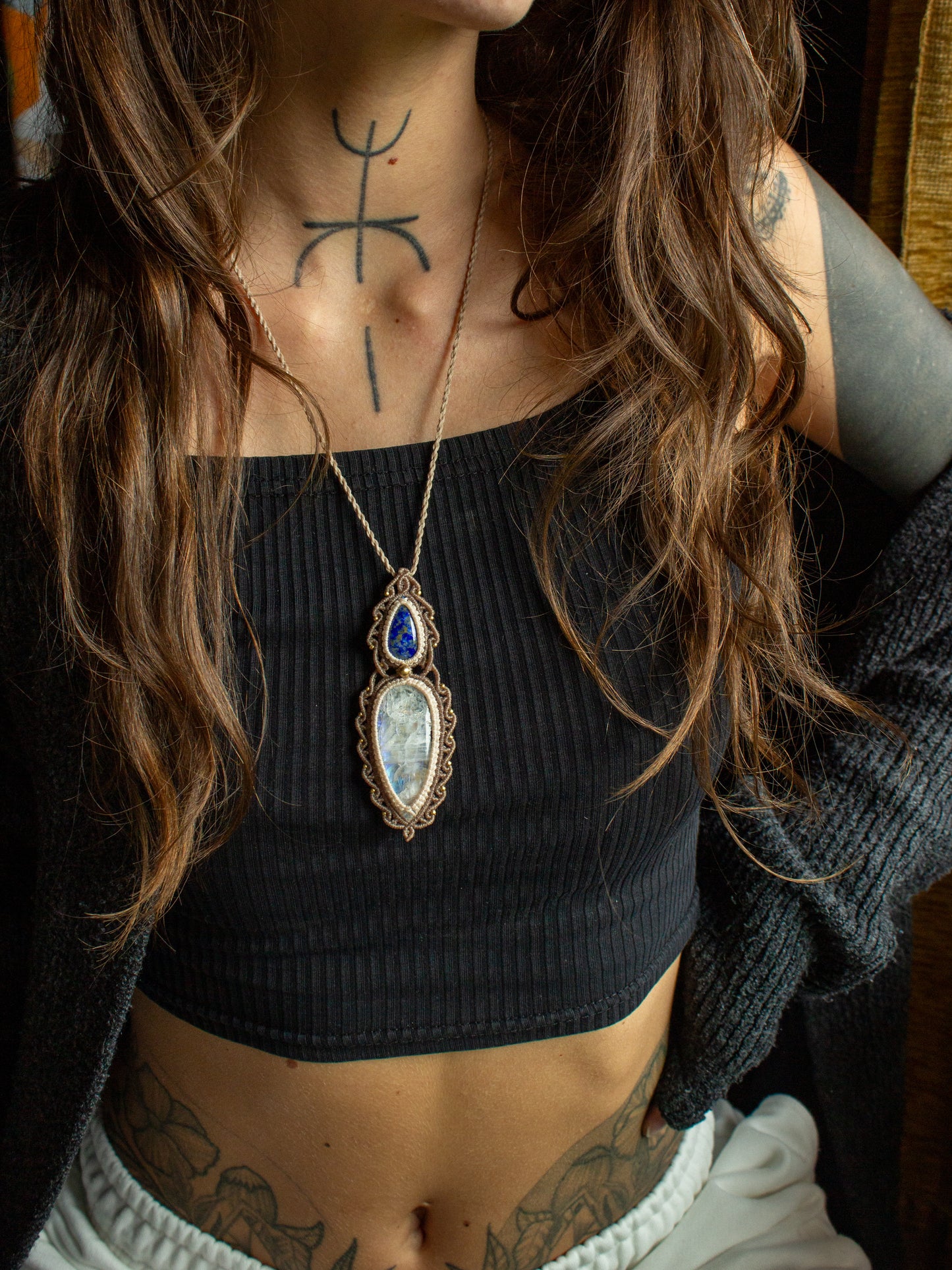 Lapis Lazuli & Rainbow Moonstone macrame necklace