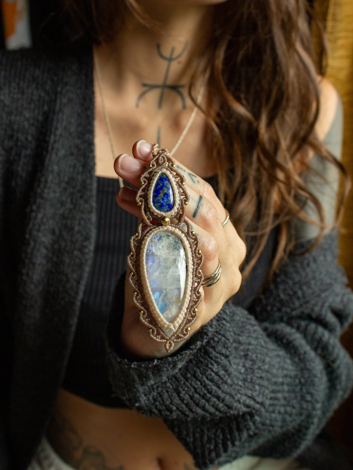 Lapis Lazuli & Rainbow Moonstone macrame necklace