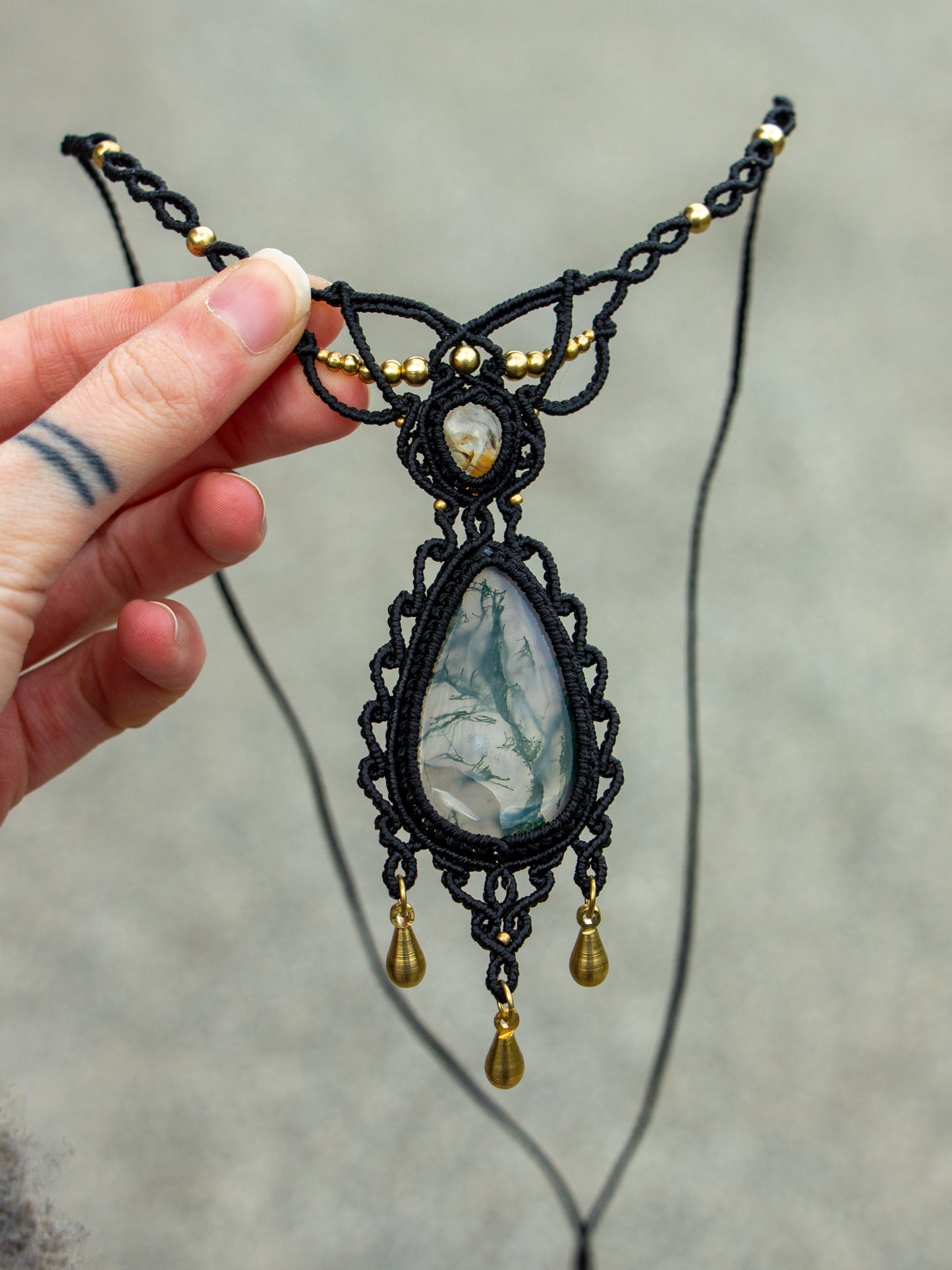 White Topaz & Moss Agate macrame necklace